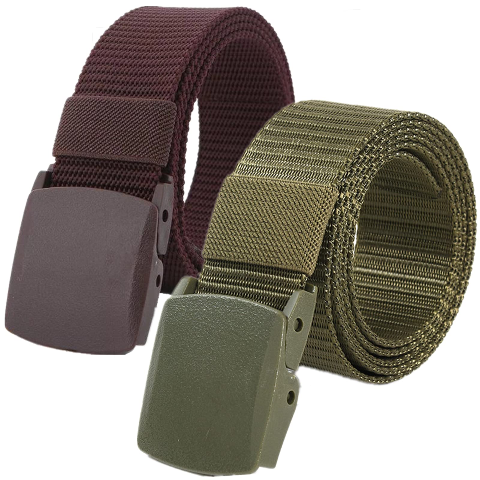 Cinturones de trabajo para hombre, Cinturones for hombres y mujeres, cinturón táctico de nailon ligero, tamaño de hasta 67 pulgadas con hebilla de plástico militar, 2 piezas(Brown/Green,160CM/63")