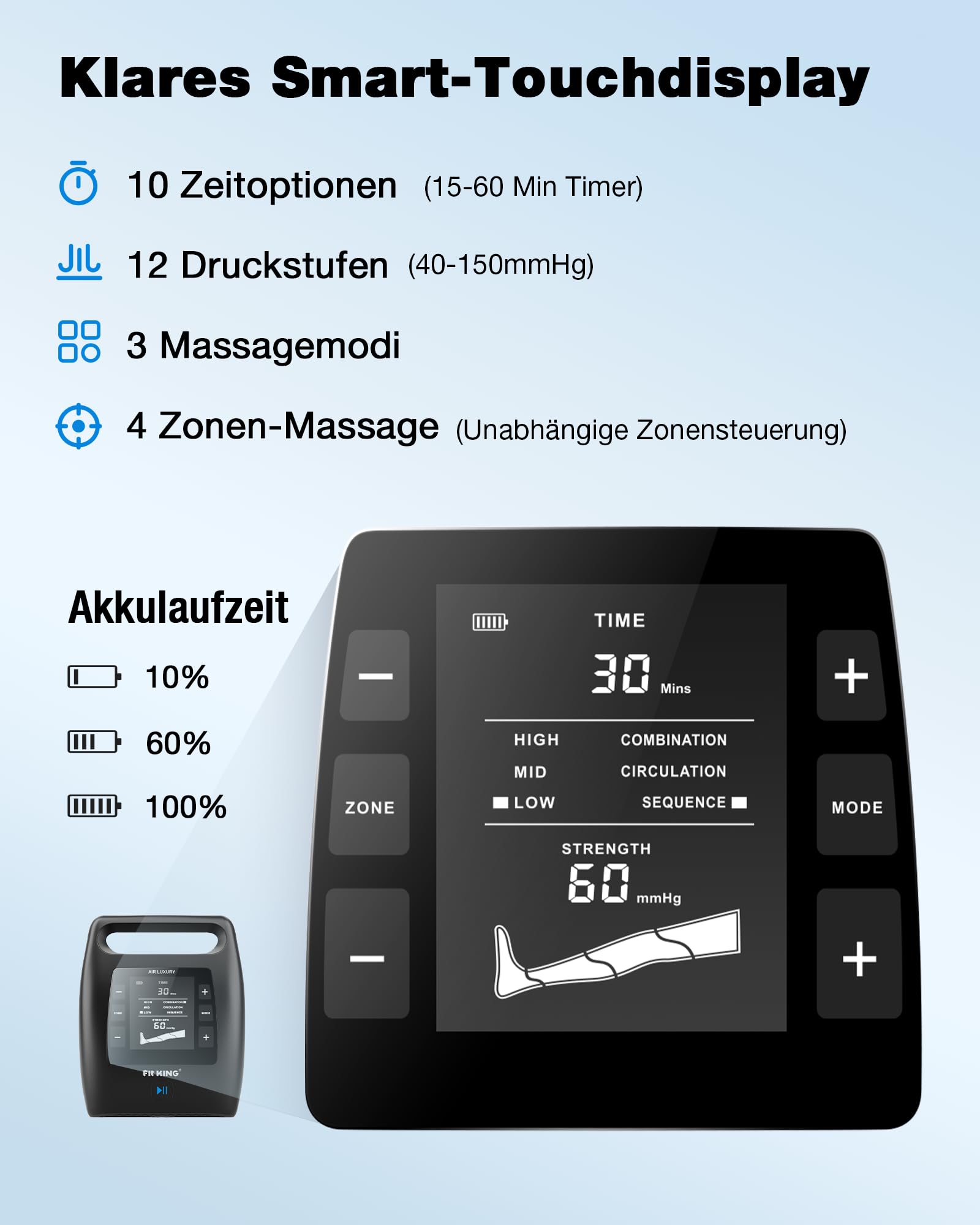 FIT KING Beinmassagegerät, 4-Zonen-Luftkompression, wiederaufladbar (S) | Recovery Boots 12 Intensitäten 3 Modi Fördert die Durchblutung und Muskelregeneration für Sportler und den täglichen Gebrauch