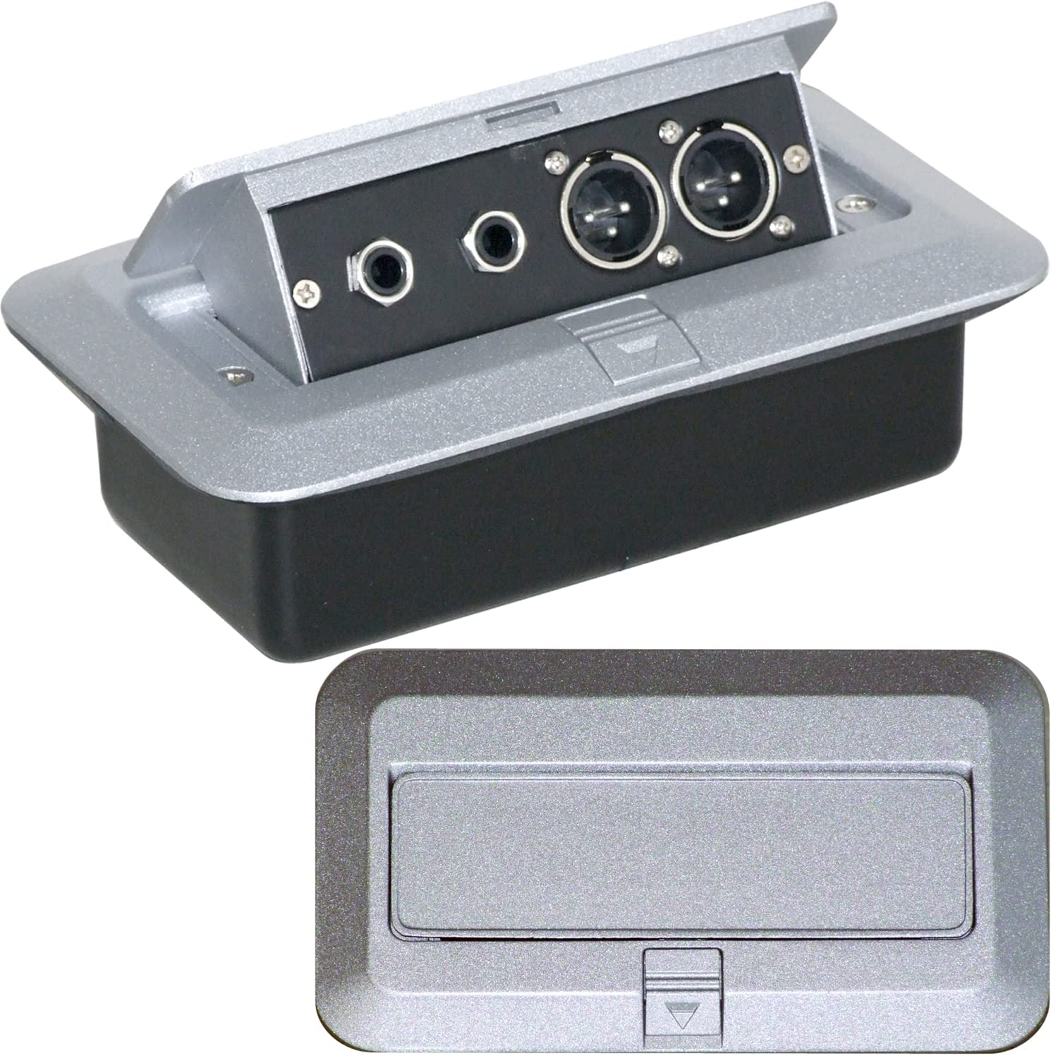PRO 2 Gang Pop-Up Wall/Floor/Desk Plate & Metal Back Box – 2x 6.35mm (1/4”) Socket & Dual 3 Pin XLR Male Outlet – Audio, Microphone, Mic, Amp, Amplifer - Loops