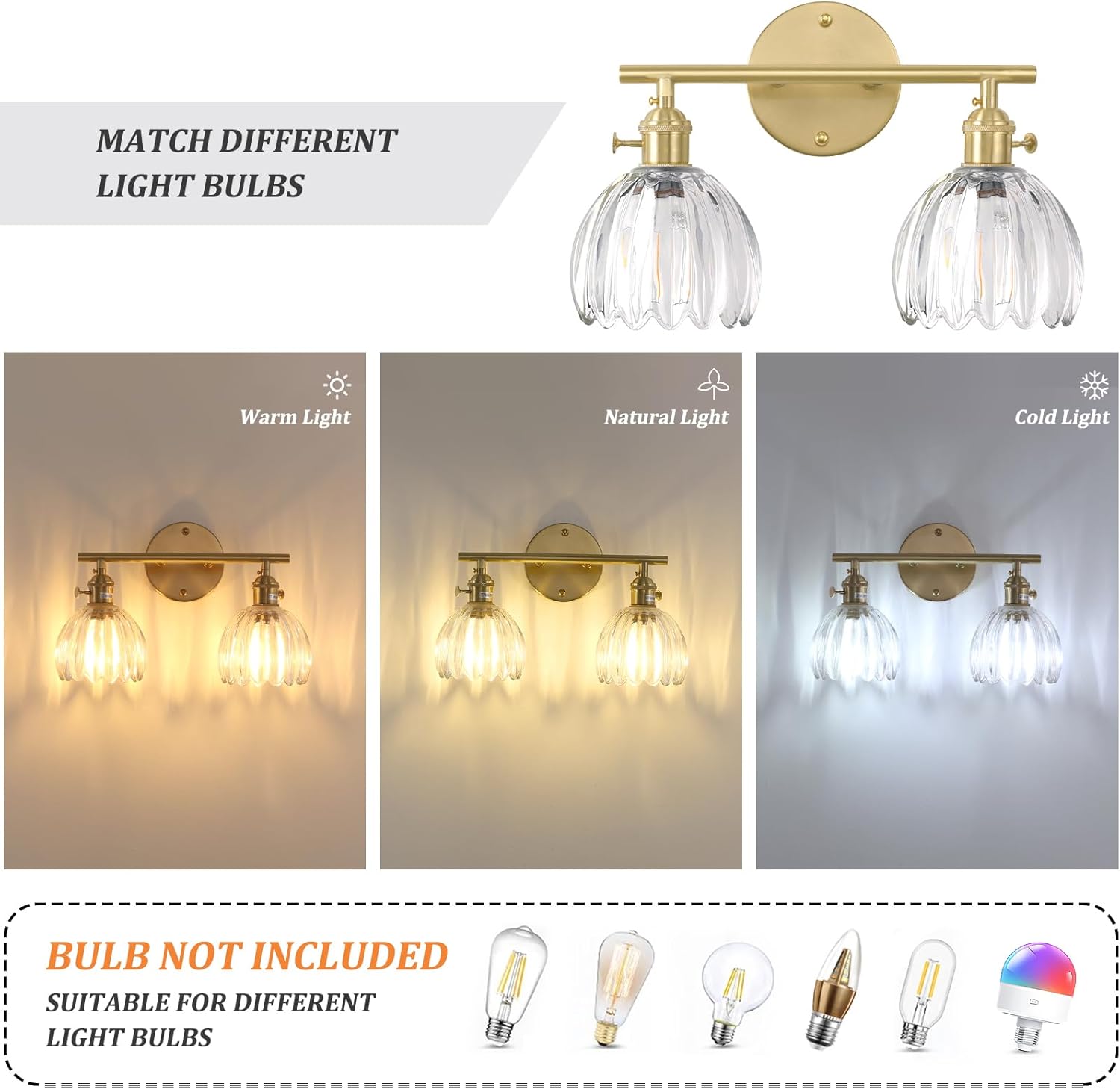 Bathroom Light Fixtures, 2-Light Brass Vanity wall Light Over Mirror with Clear Tulip Glass Shade for Bedroom Living Room (Bulb Not Included)