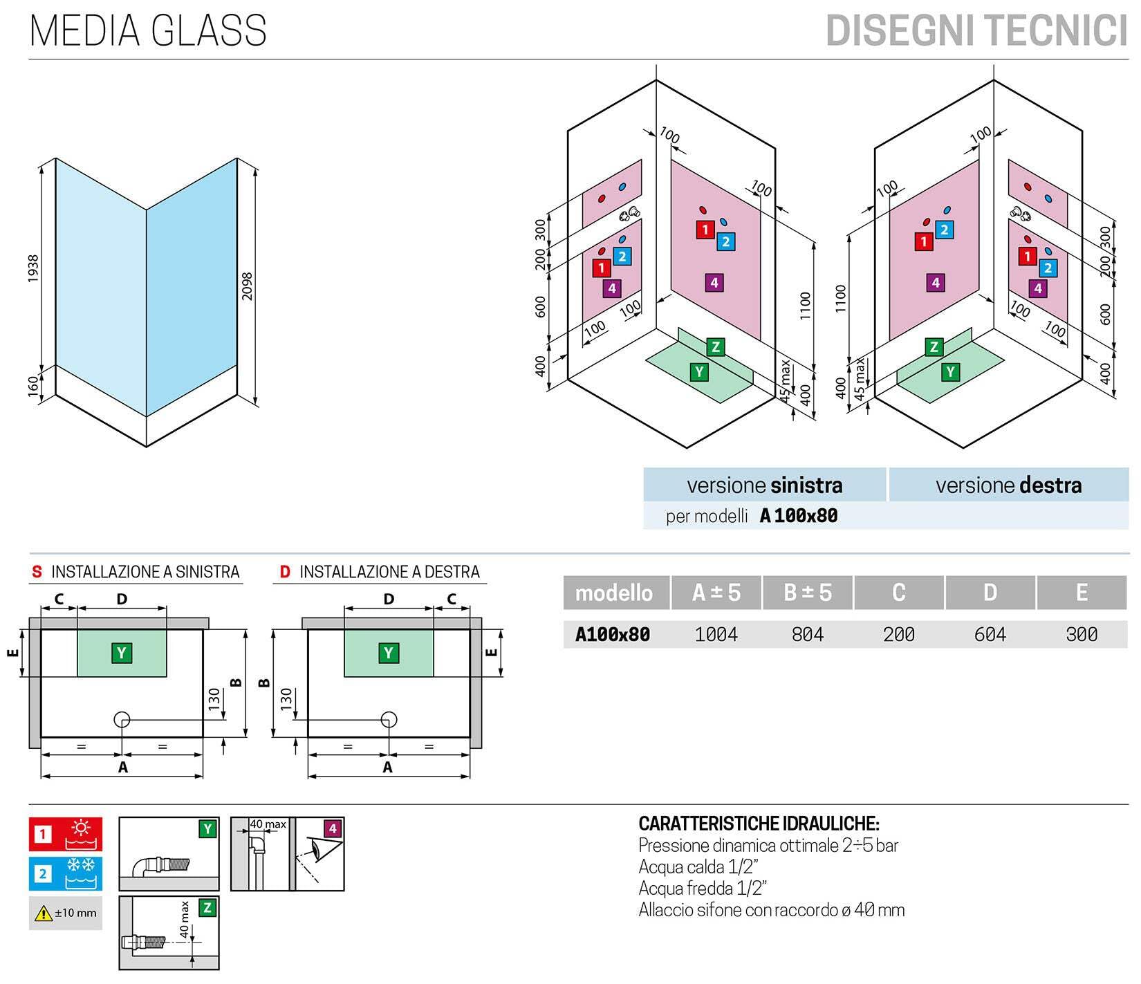 Novellini Media Glass A Standard 100 x 80 cm Cabina ducha multifunción apertura 2 puertas correderas montaje ángulo derecho izquierdo mezclador mecánico cristal transparente perfil blanco altura 210