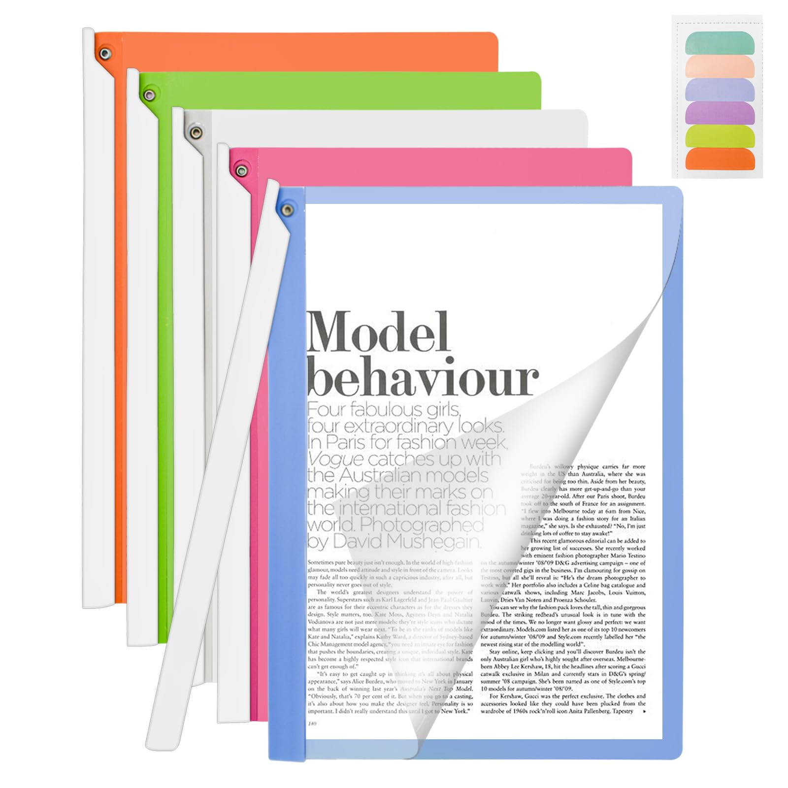 VANRA Copertine trasparenti per report con clip oscillante, confezione da 5 cartelle di presentazione in plastica per carta formato A4, organizer per documenti per scuola aziendale, 5 colori
