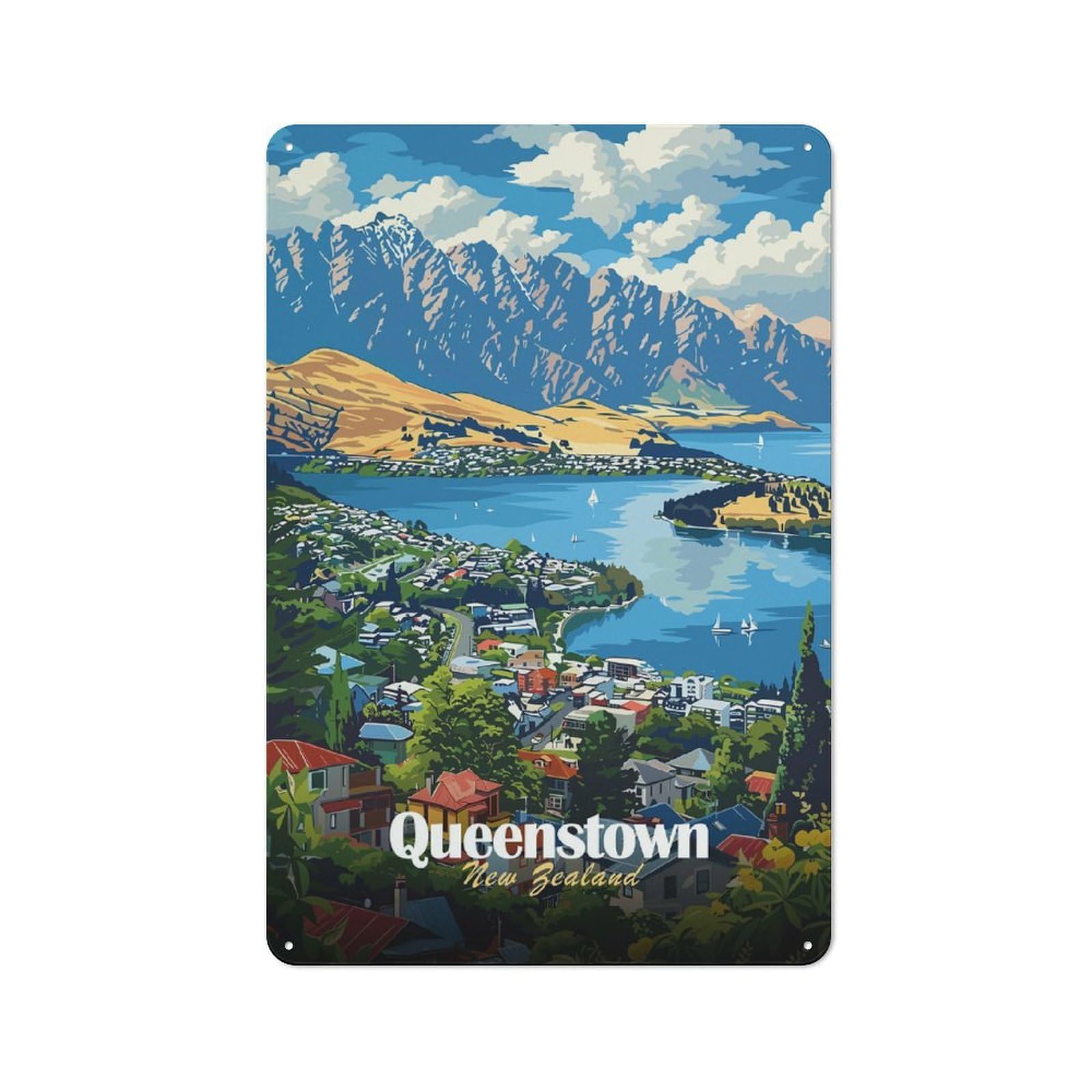 Junmoney Style-13 Queenstown New Zealand Travel (2) Decorative Metal Plaque 30X20cm, Loft Style Urban Room Decor For Flat, Bar, Studio Or Gallery Wall