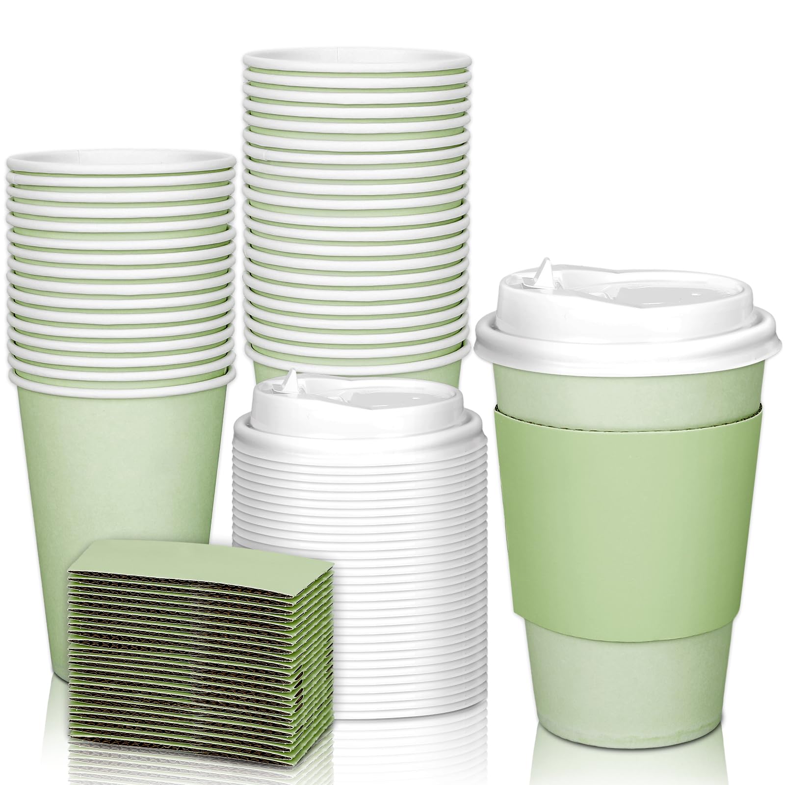 JarThenaAMCS 50 tazas de café desechables de color verde salvia con tapas y mangas, vasos de papel aislados de 12 onzas para el hogar, restaurante, viajes, suministros de fiesta de negocios