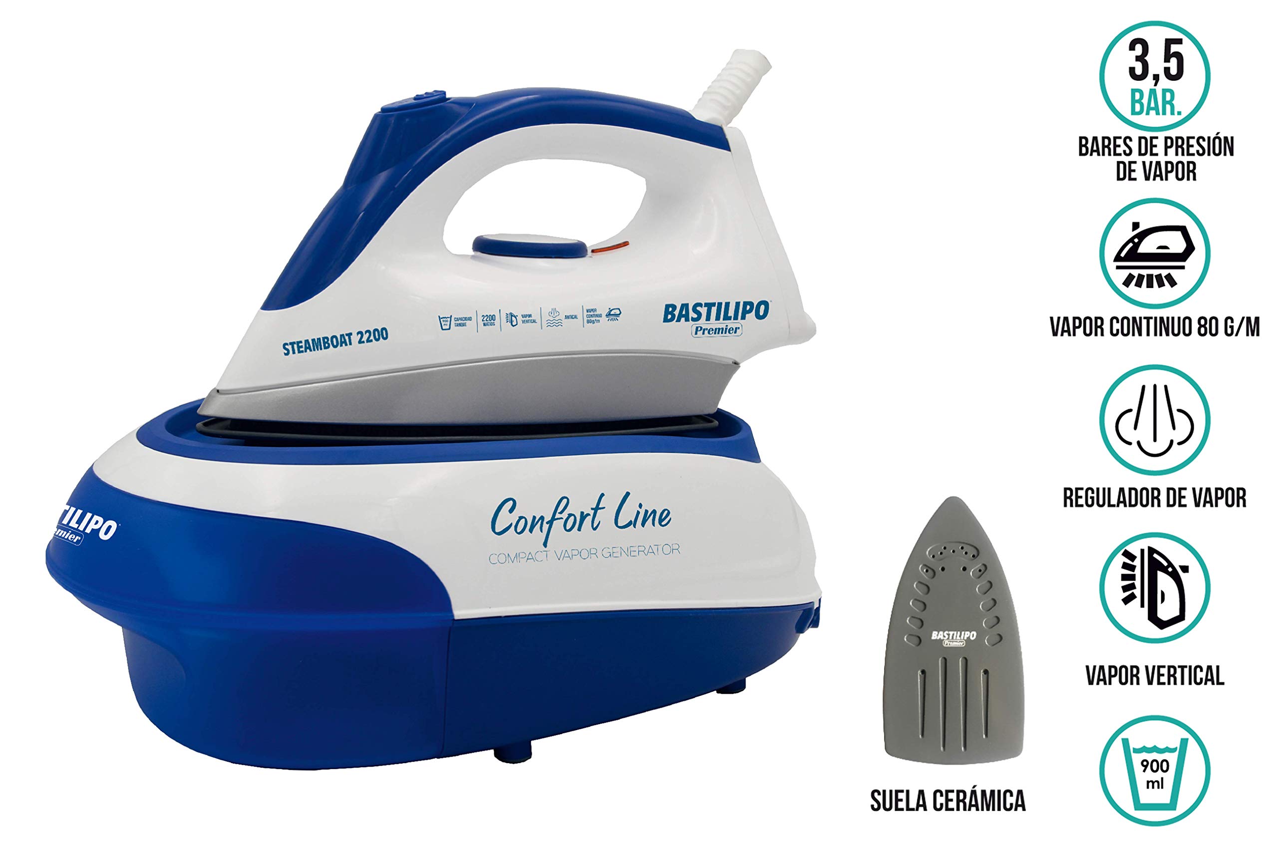 STEAMBOAT 2200 COMPACT- Centro de planchado compacto, 2200W, 900 ml, suela cerámica, depósito extraíble para fácil rellenado,