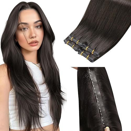 Miniatura 157 de LaaVoo Extensiones de cabello humano real para coser, extensiones de cabello humano de doble trama, color negro azabache, 18 pulgadas, 3.53 onzas