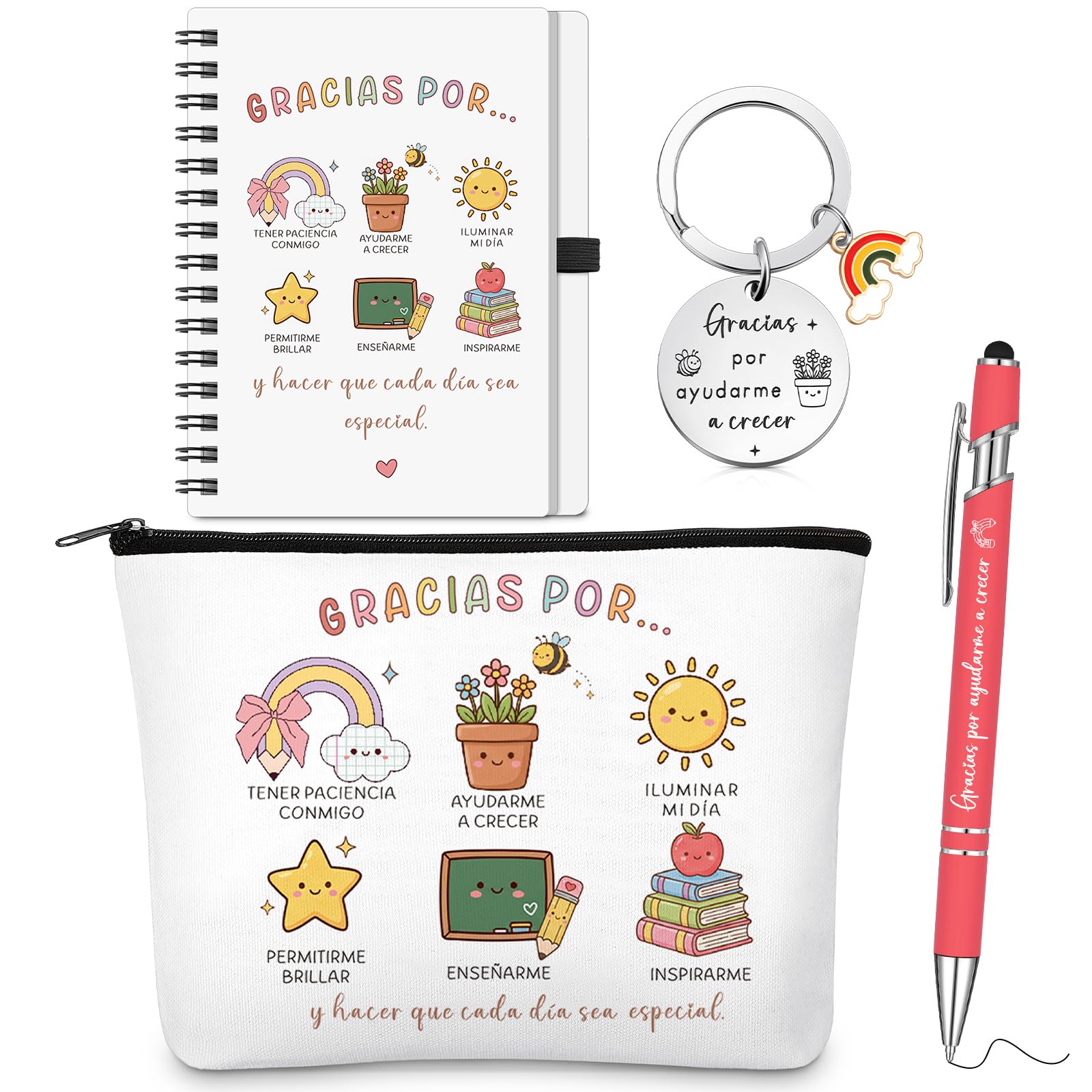 BBTO 4 Piezas Regalos para Profesores Maestra Llavero Bolígrafo Bolsa de Maquillaje Arcoíris y Cuaderno para Día del Maestro Despedida Cumpleaños Agradecimiento Graduación Fin de Semestre(Arcoíris)