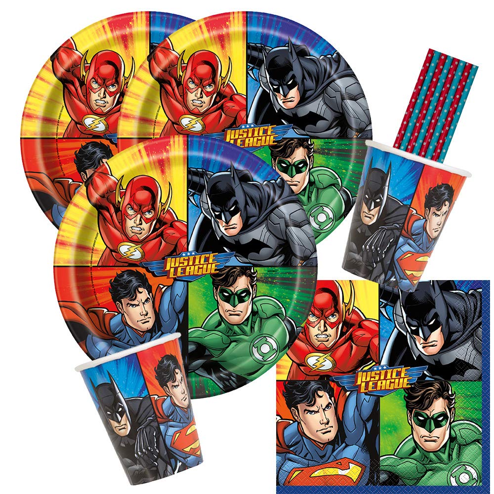 unique/spielum 40-teiliges Party-Set Justice League Superhelden - Teller Becher Servietten Trinkhalme für 8 Kinder