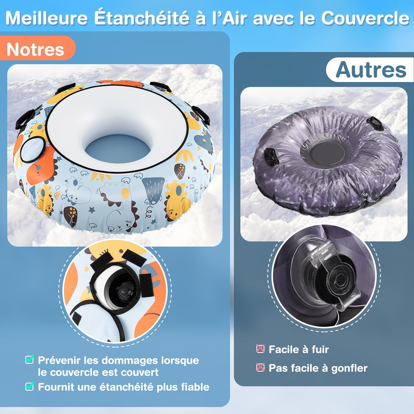 GOPLUS - Trineo para nieve hinchable, 132 cm, trineo resistente al frío con funda Oxford, fondo grueso, 4 asas acolchadas, gancho de correa de remolque, trineo inflable para niños y adultos