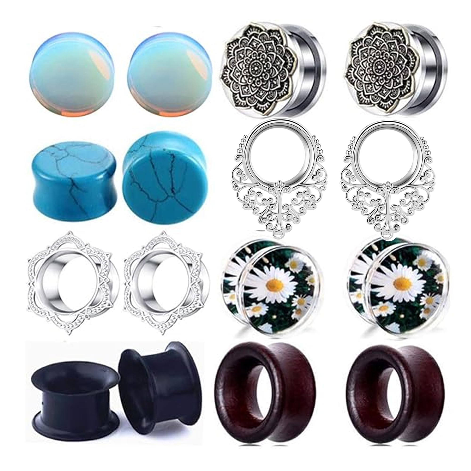 TIANCI FBYJS Women Ear Tunnels Stainless Steel Glass Stone Acrylic Ear Gauges Plugs Piercing Earrings Stretcher Set 8 Pairs