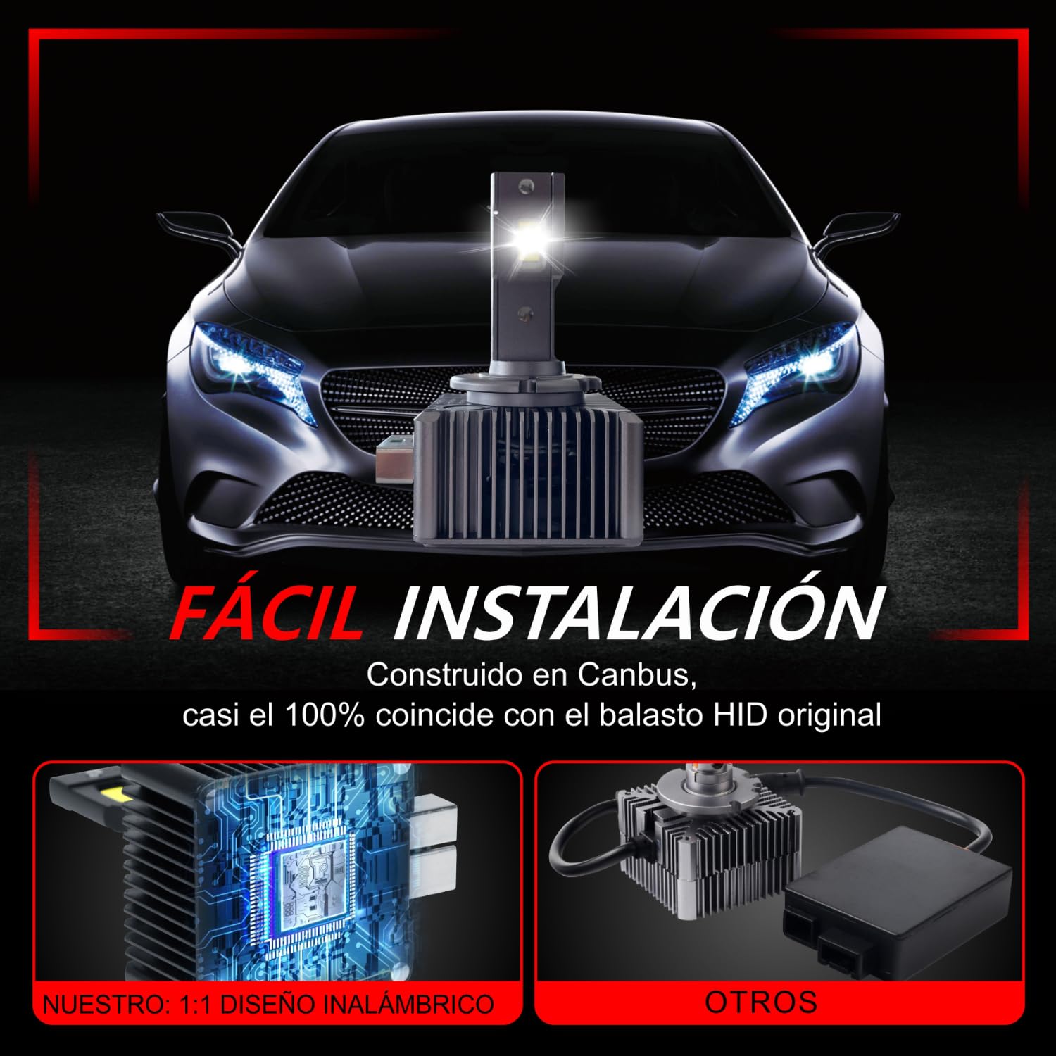 Sinoparcel D3S/D3R LED Bombilla de Faro Delantero, 6000K 35W | Haz Alta y Baja, Luces de Reemplazo de HID, Paquete de 2
