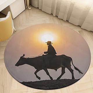 Coral Velvet Round Rug 2.5' Anti Slip TPR Backing Circle Bull Riding Silhouette Area Rug Quick Dry Plush 0.2 Inch Low Pile Door Mat Senior & Pet Friendly Carpet for Bathroom Kitchen Bedroom Entrywa