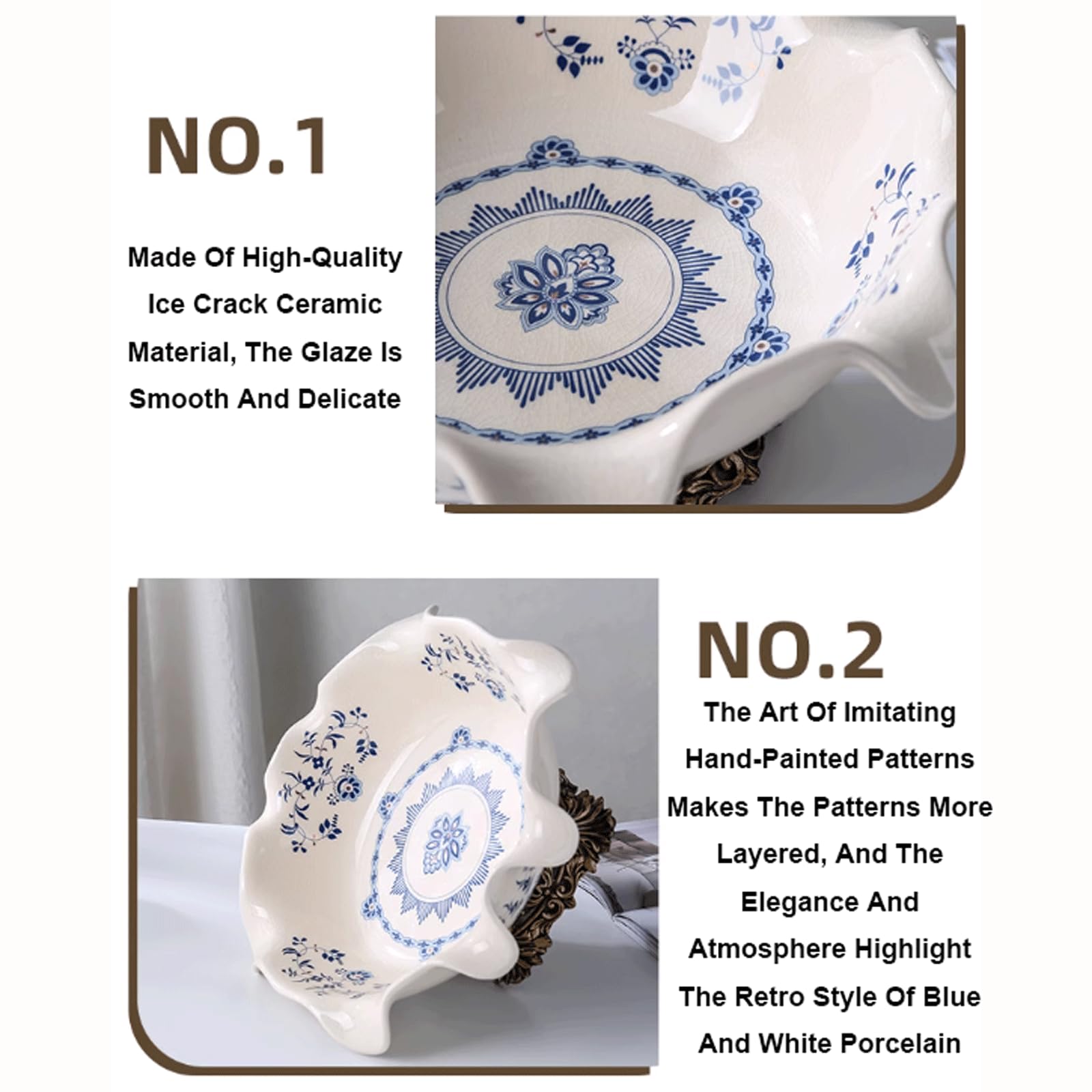 Ciotola da Frutta in Porcellana Blu e Bianca con piedistallo, Piatto da Portata in Ceramica, Ciotola Decorativa con piedistallo, Decorazione in Stile Chinoiserie per Il Piano del s