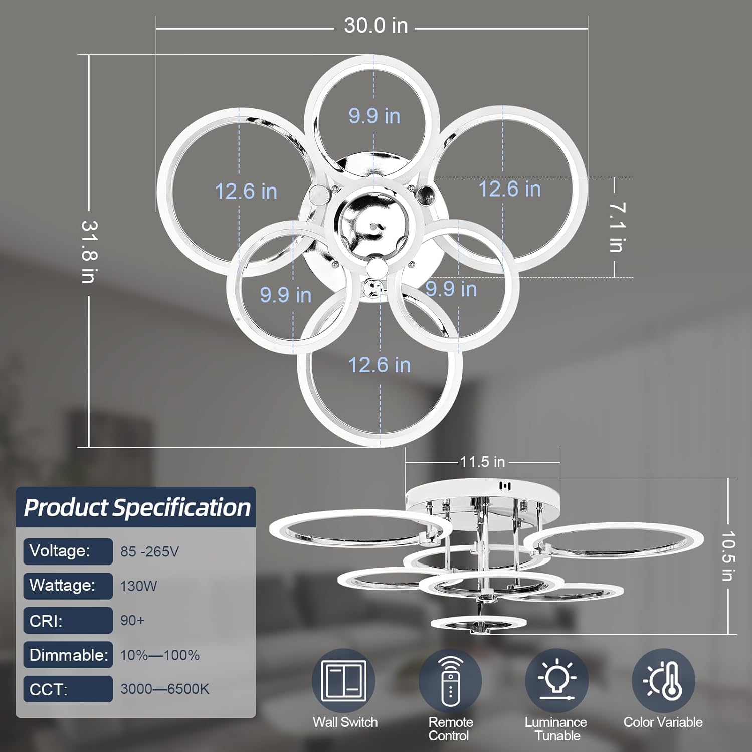 7-Ring Modern LED Flush Mount Ceiling Light - 31.8" Dimmable Close-to-Ceiling Fixture with Remote Control, 130W 3000K-6500K Adjustable Color Temperature for Bedroom, Living Room (Chrome)