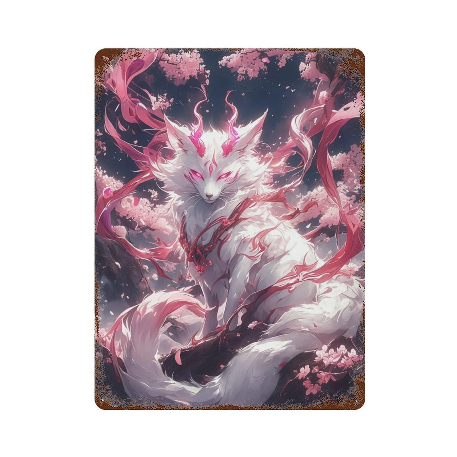 Cherry Blossom Fox Spirit Artwork Weathered Tin Sign 15.7"x11.8", Farmhouse Wall Decor for Garage, Pub Or Kitchen