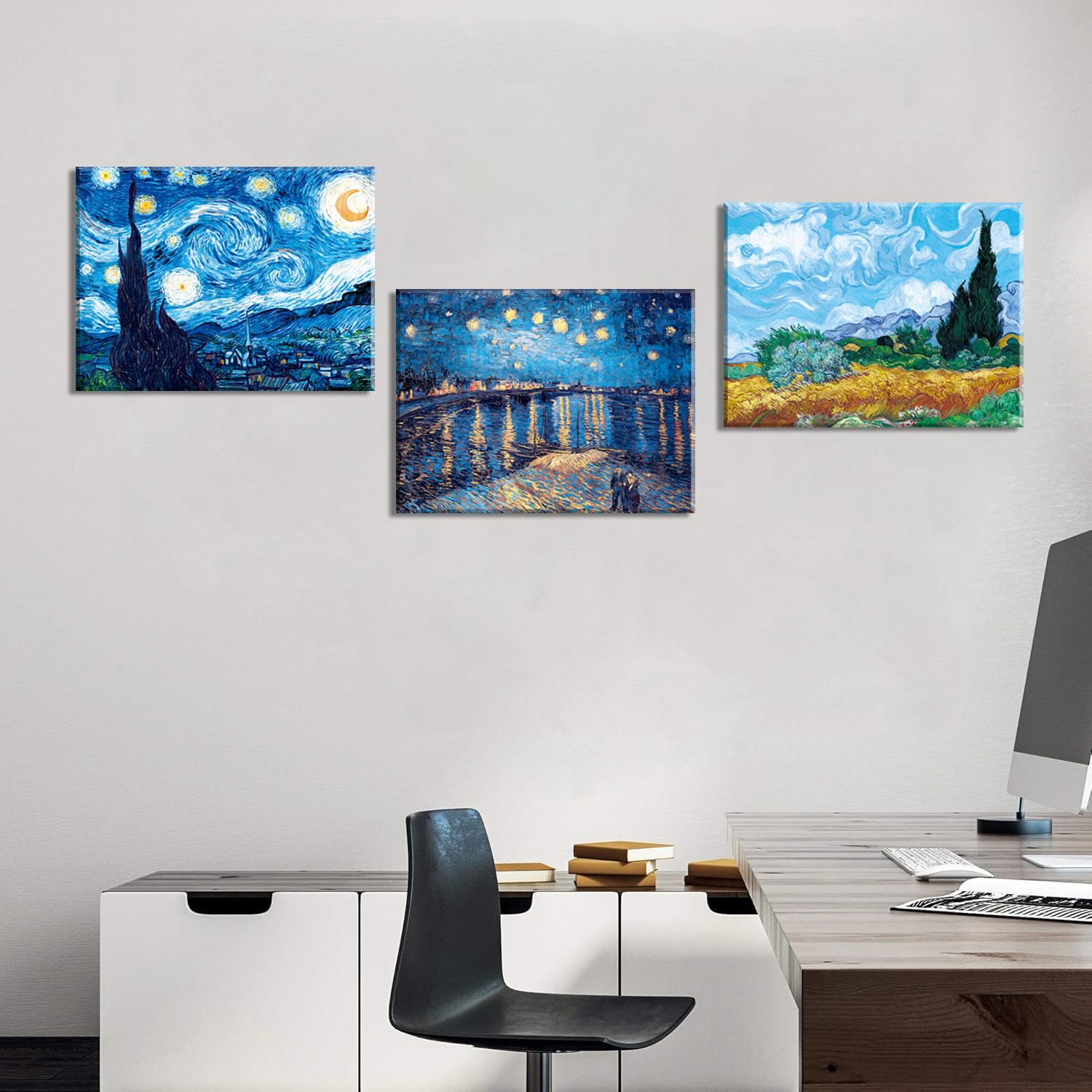 Piy Painting Sternennacht Leinwanddruck, Buntes Leinwand Malerei, Landschaft Gemälde, Leicht Zu Hängen Für Wohnzimmer Flur Küche Schlafzimmer, Set Von 3, 58x40cm (174x40 cm), Eingebautem Holzrahmen