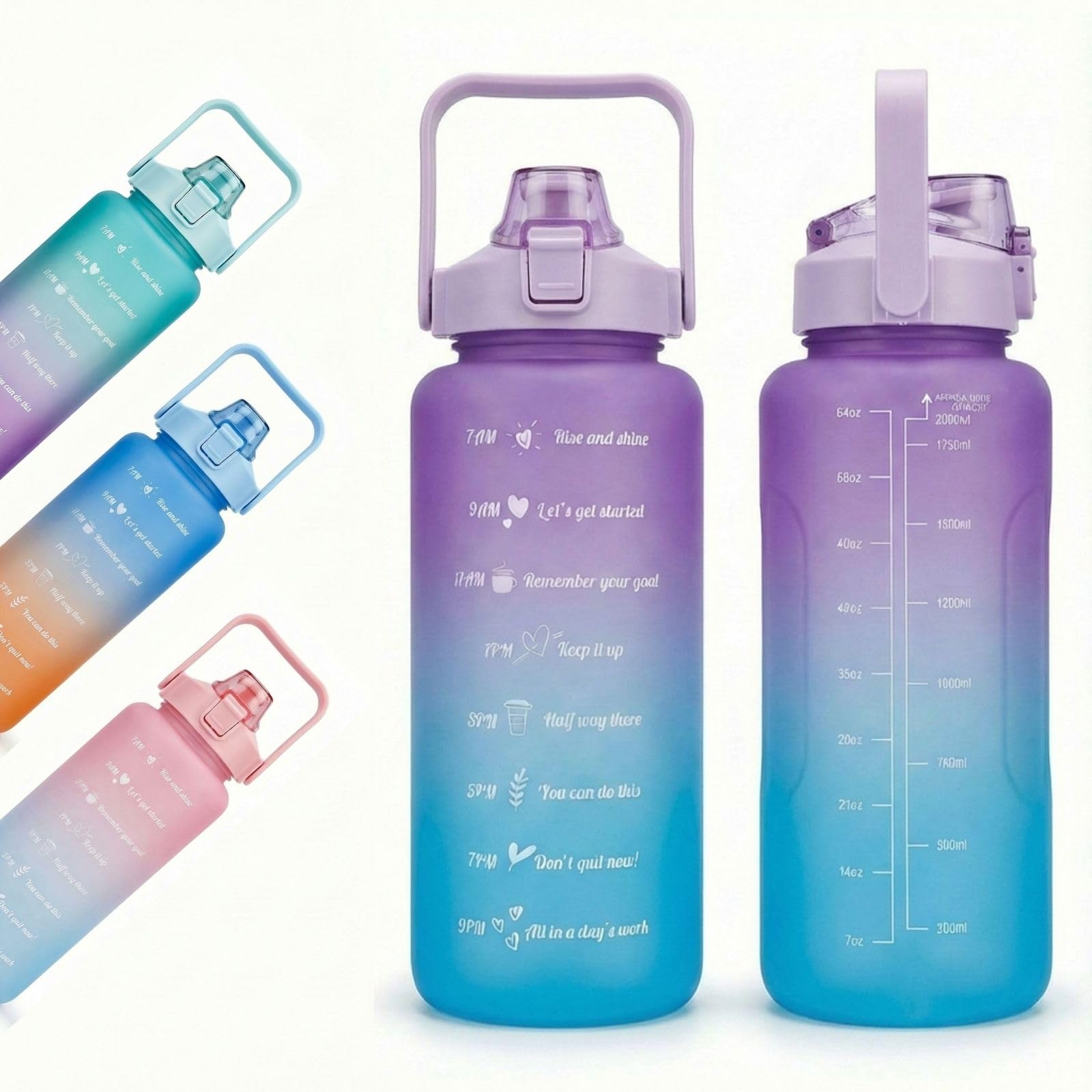 Motivierende Trinkflasche 2 l mit Strohhalm und Zeitskala, auslaufsichere Sportflasche mit Tragegriff, 33 x 11 cm, 217 g (Violett und Blau)