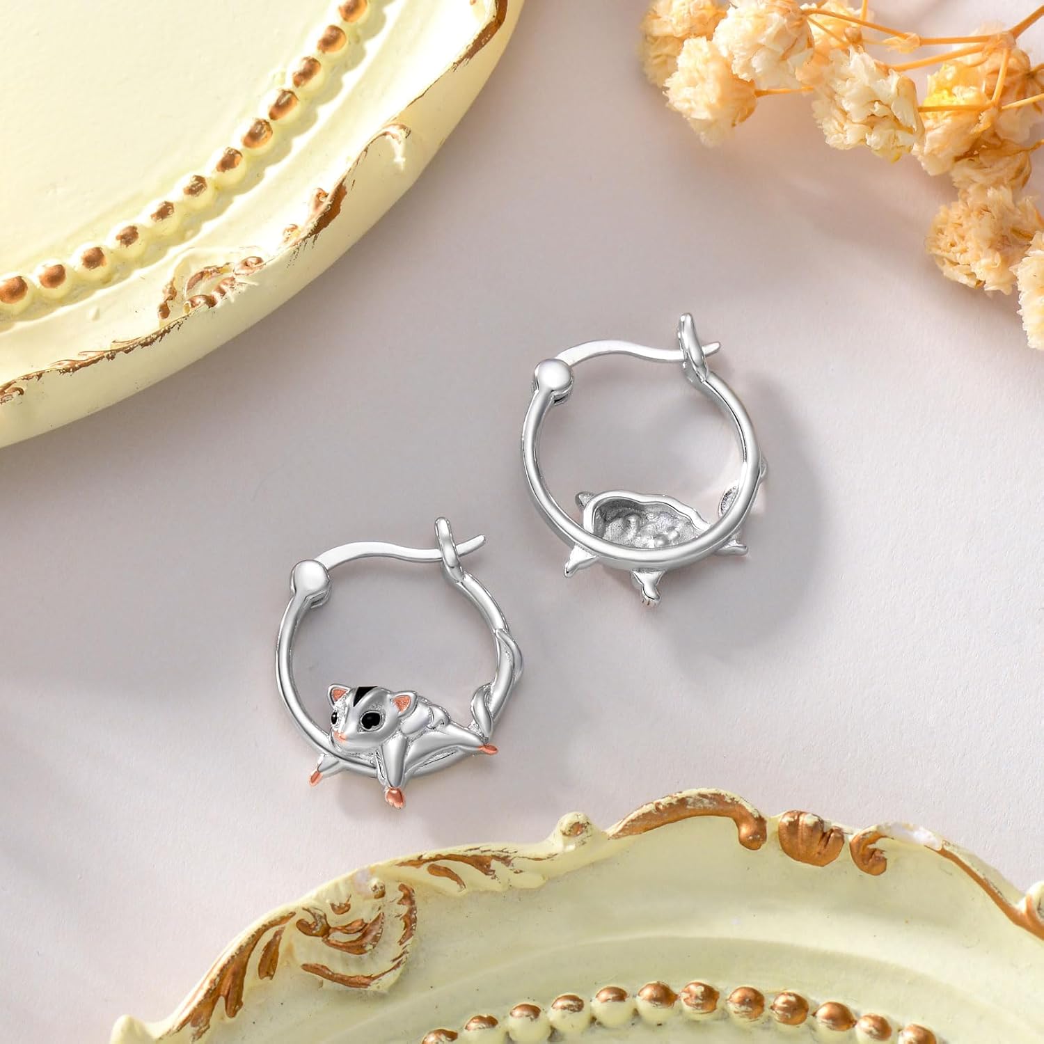 Small Hoop Earrings Sterling Silver Pug/Sugar Glider/Jumping Spider/Chihuahua Dog Hoop Earrings Cute Animal Jewelry for Women