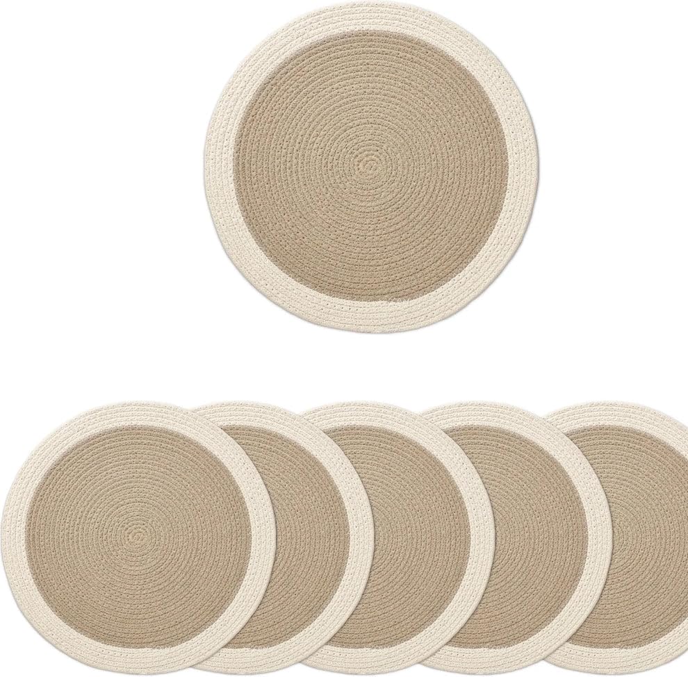 Image of Cotton Rope Placemats, Round Red with White Border, Set of 4, Heat Resistant Table Mats (Beige White)