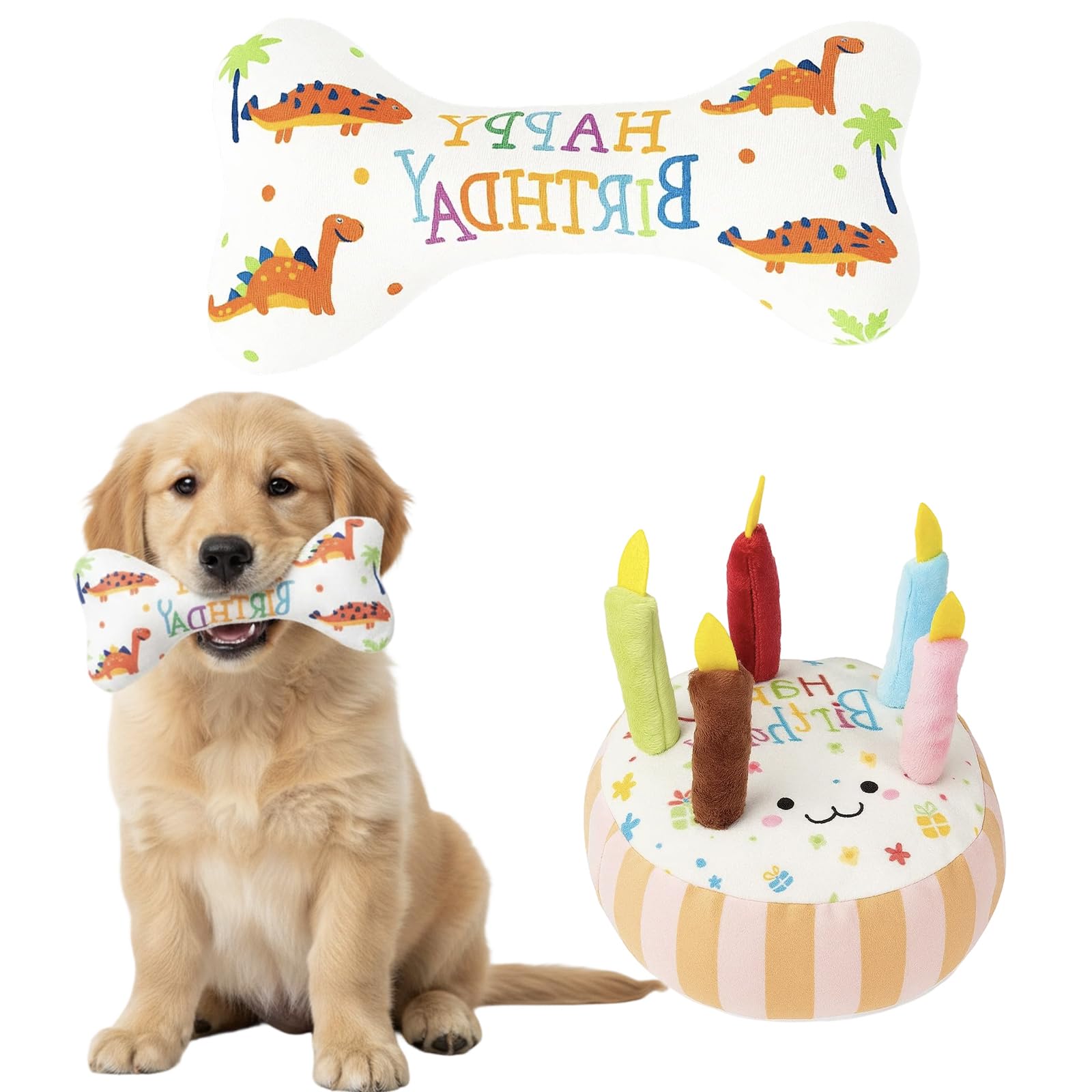 QyueQyat 2pcs Dog Birthday Toy Set, Fun And Chewable Dog Birthday Present, With Orange Pet Birthday Cake Plush And Oran Bone Plush, Durable Dog Birthday Gift For Small Dogs