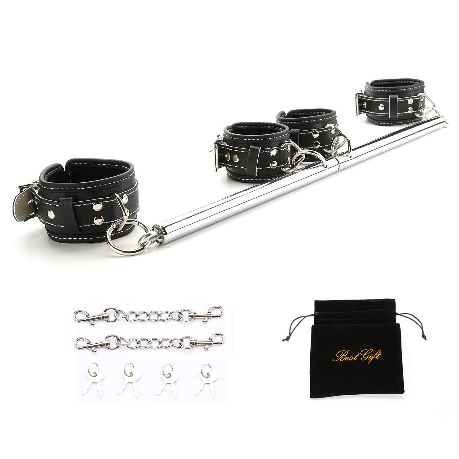 EXREIZST Adjustable Silver Spreader Bar with 4 Black Leather Straps Sports Exercise Aid Training Kit