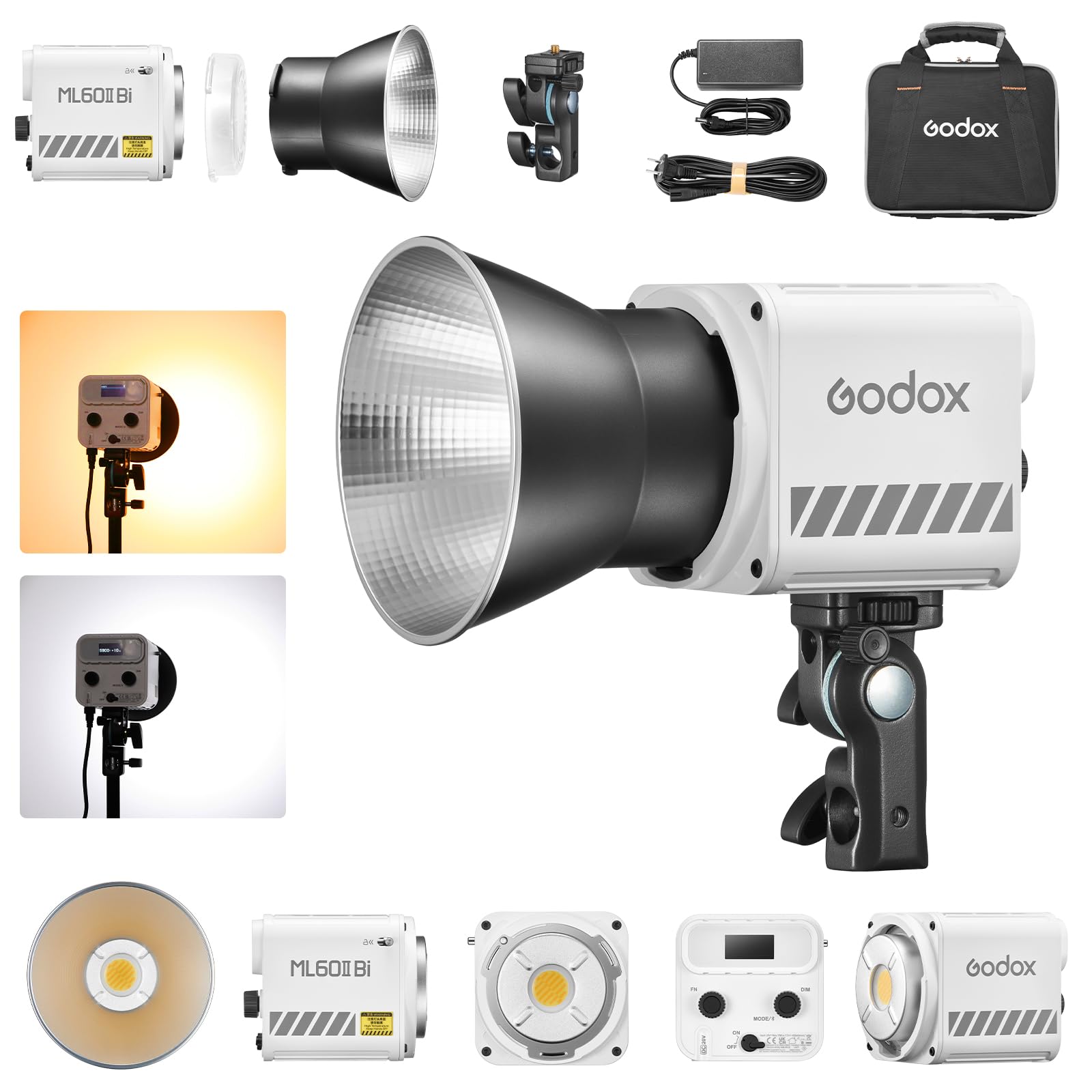 Godox ML60IIBi Studio Light 70w Luce Video LED kit 2800K-6500K 11 FX Effetti di Scena di Illuminazione CRI 96+ TLCI 97+ Luce LED Bicolore con Supporto, Riflettore