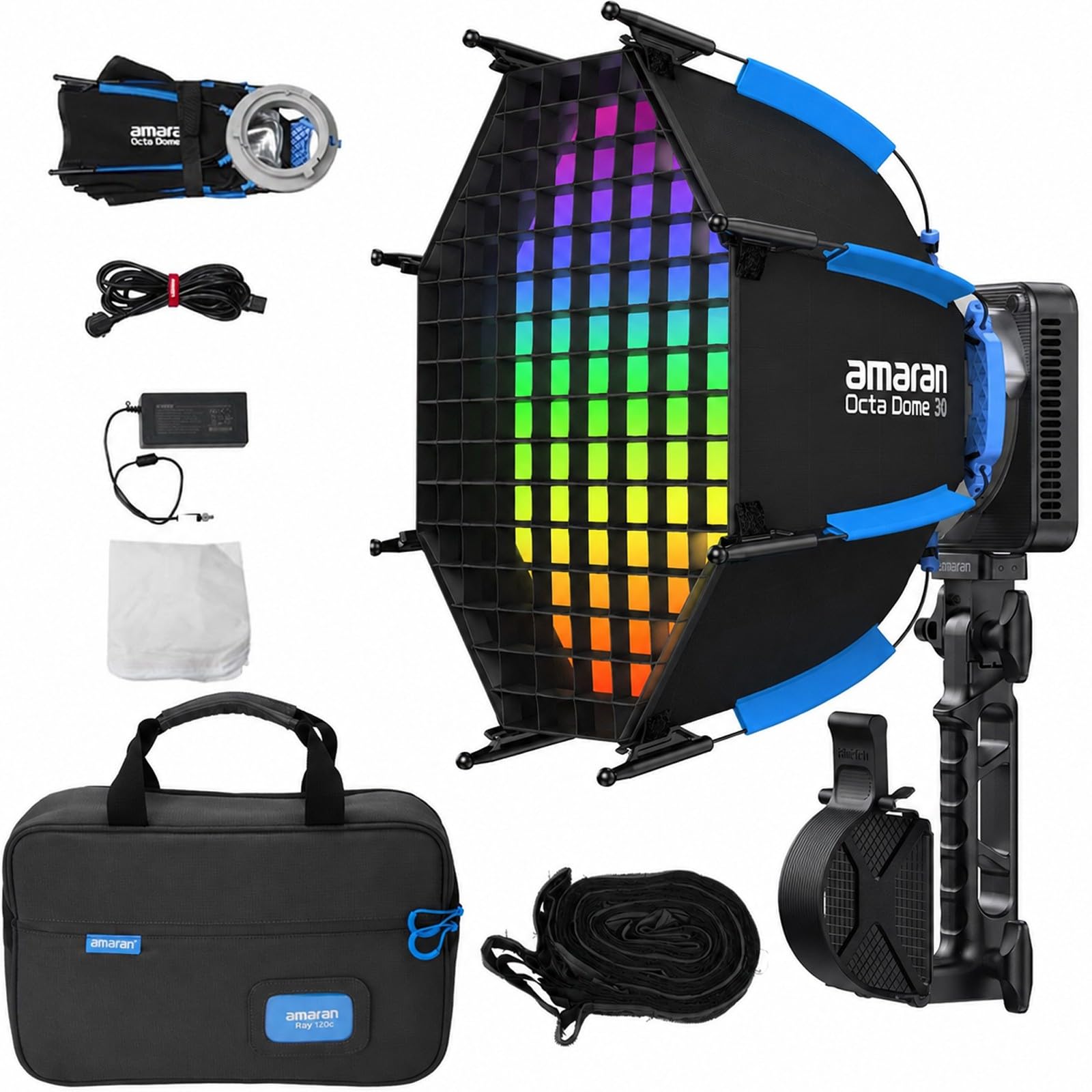 Éclairage vidéo Amaran Ray 120C RGB, projecteur LED COB de 120 W avec Monture Bowens et softbox Octa Dome 30, température de Couleur réglable de 1 800 K à 20 000 K, contrôle Via Application Mobile.