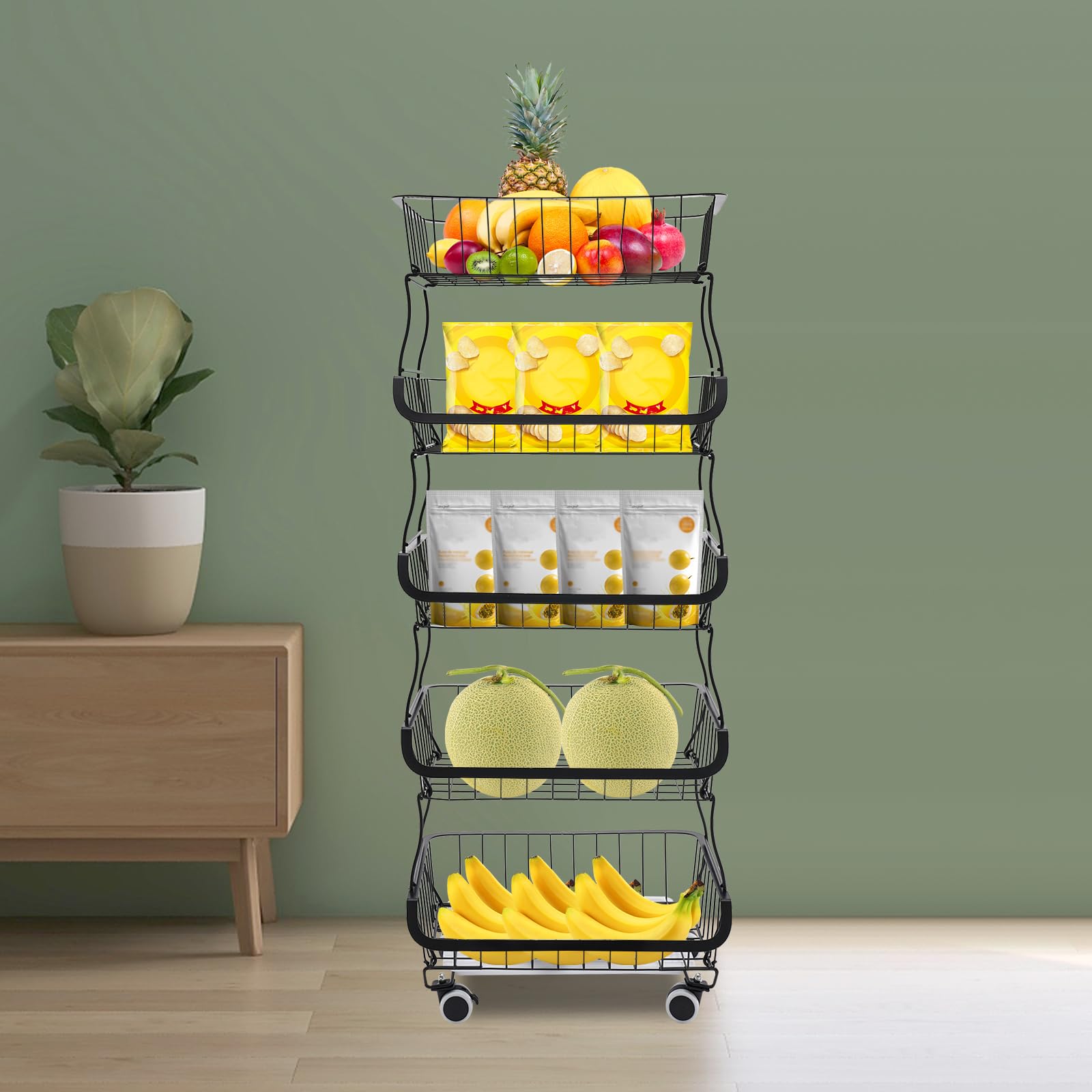 Carrito de cocina de 5 niveles, apilable, cesta de frutas, capacidad de carga de aproximadamente 22,05 libras, se puede mover a voluntad, diseño de rejilla y bandeja de recogida de agua, para colocar