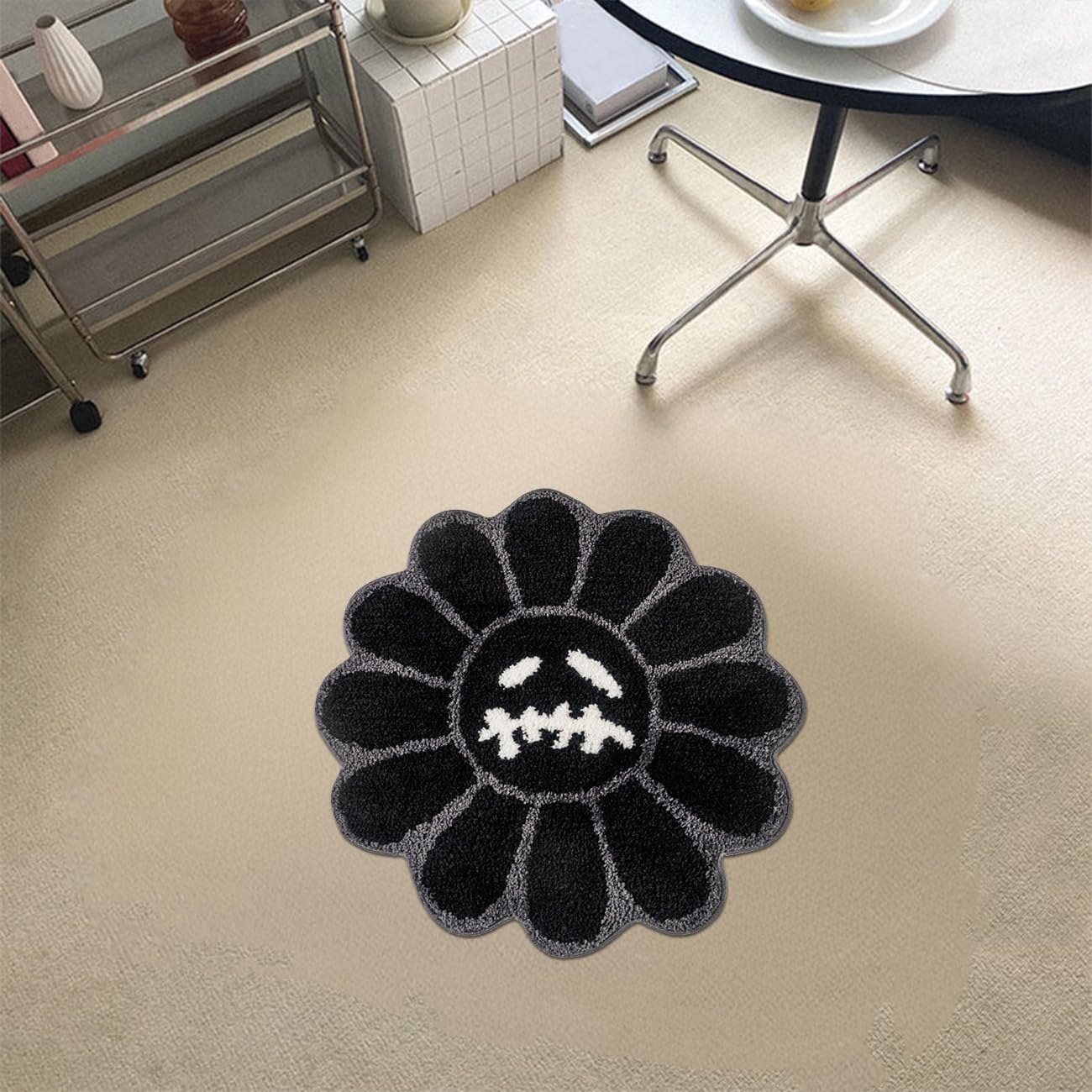 Trippy Flower Rug Cool Bathroom Rugs 2FT Gothic Black Bath Mat Tufted Extra Soft Water Absorbent Quick Dry Bathroom Mat Non Slip Halloween Skull Horror Decor Carpet (Black,2 x 2FT)
