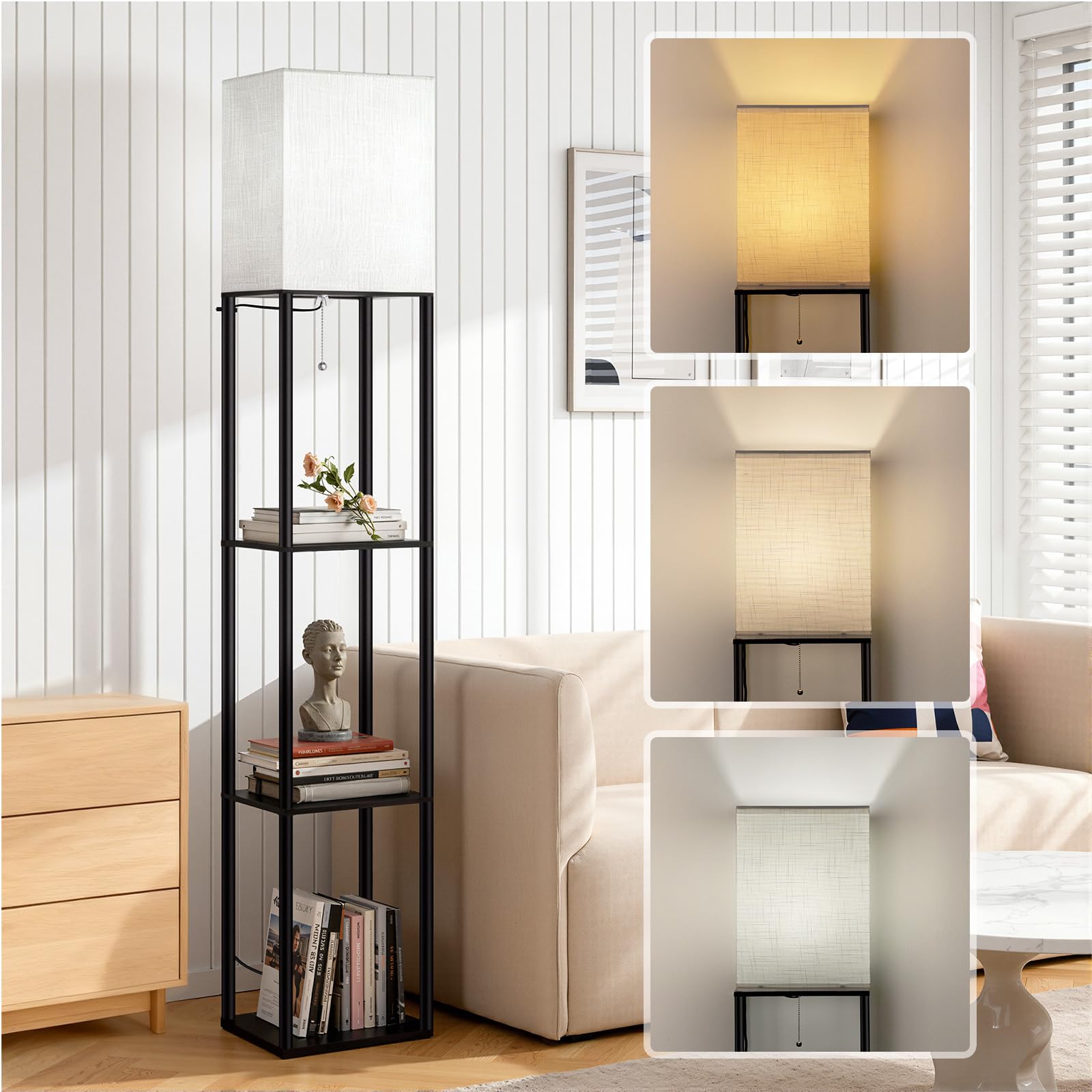 Stehlampe mit regal für Wohnzimmer Vintage Metall Stehlampe mit 3 Farbtemperaturen Floor Lamp mit weißen Leinen Schatten & Foot Switch Deckenfluter für Wohnzimmer Schlafzimmer und Büro Schwarz