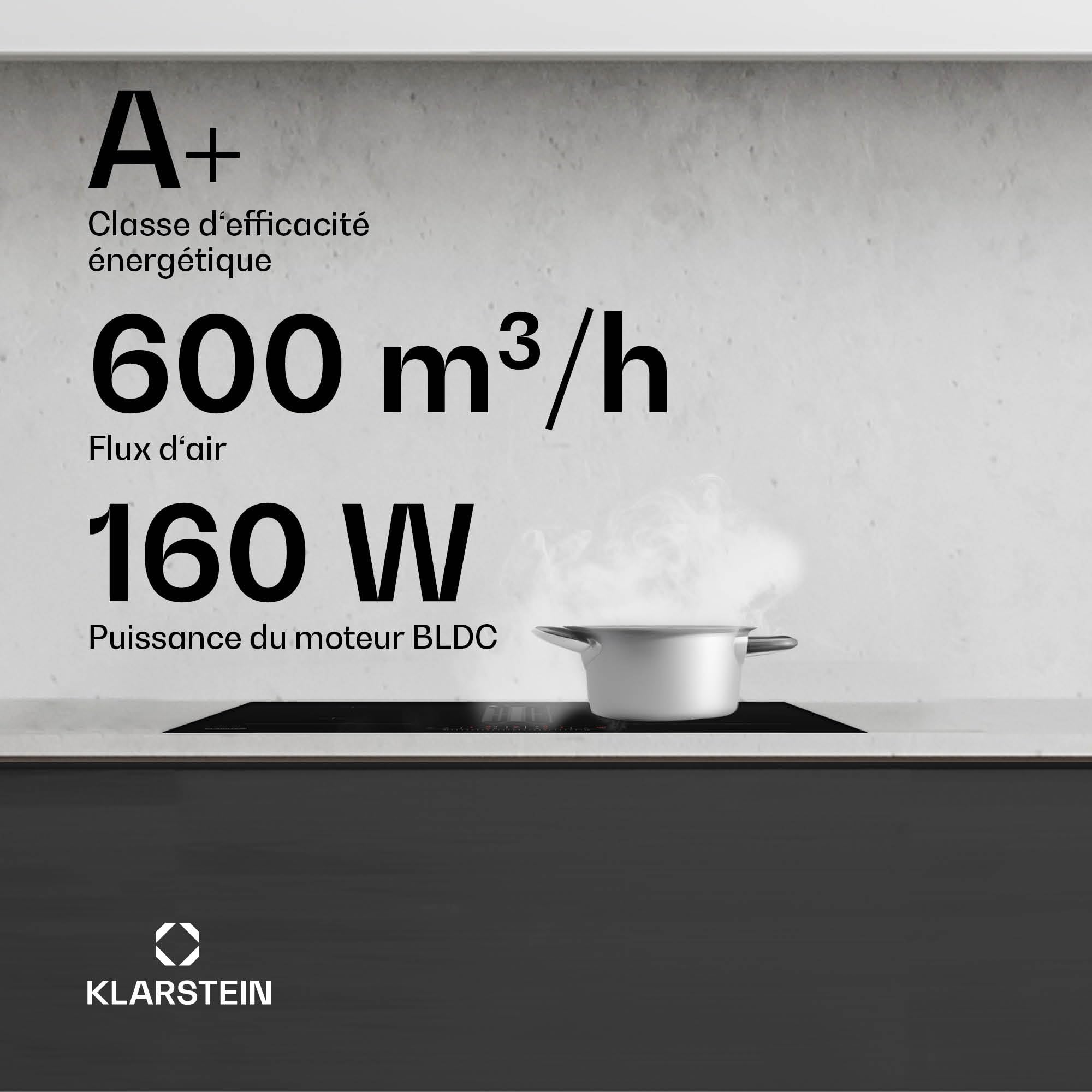 Klarstein AirJet 72 Plaque Induction Avec Hotte Intégrée - 600 m³/h, 7200W, VarioHeating, A+ Efficacité, Écran Tactile, Sécurité Enfant, Acier Inoxydable & Verre, 72x2.6x51.5 cm