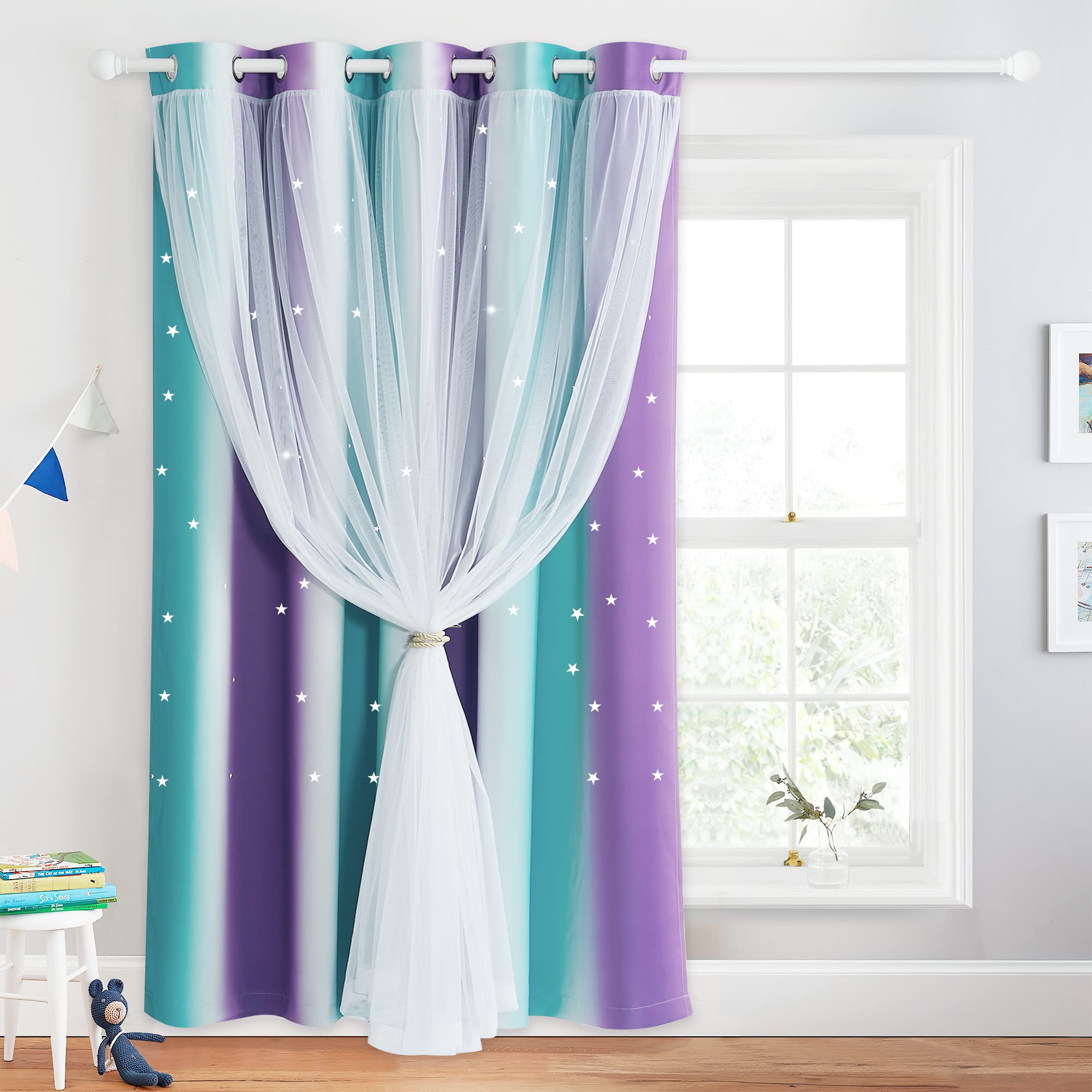 NICETOWN Kids Rainbow Curtains 70 inches Wide for Bedroom, Star Cutout Blackout Curtains Ombre Nursery Curtains with Sheer Princess Gradient Curtains for Living Room, Teal Purple, 1 PC, 70x84 inches