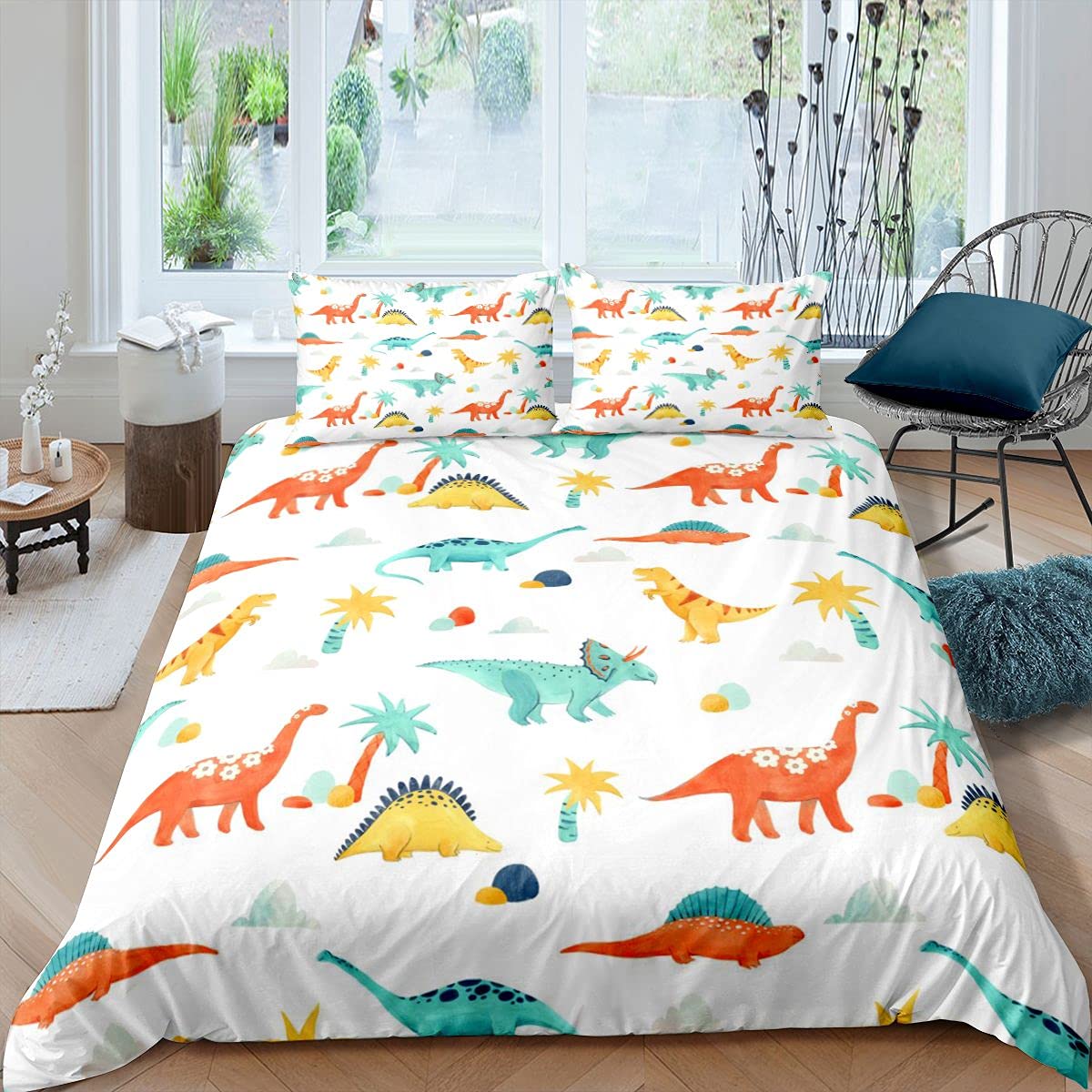Juego de ropa de cama de dinosaurio de dibujos animados para niños y niñas, adolescentes, funda de edredón transpirable, ropa de cama blanca y lino Super King