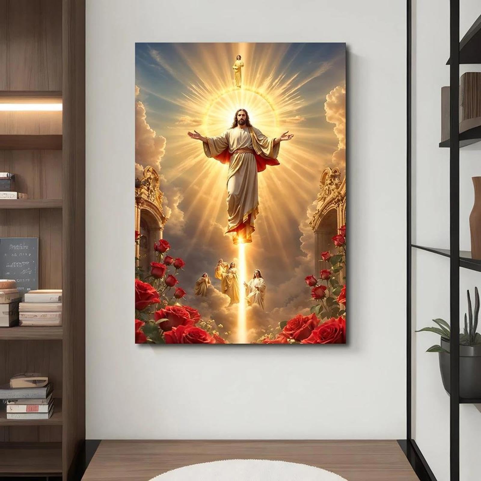 Baibexing Vintage Ascension Of Jesus Christ Canvas Print, Heavenly Light & Angels Religious Wall Art, Roses Theme Spiritual Decor 50X70Cm Unframed