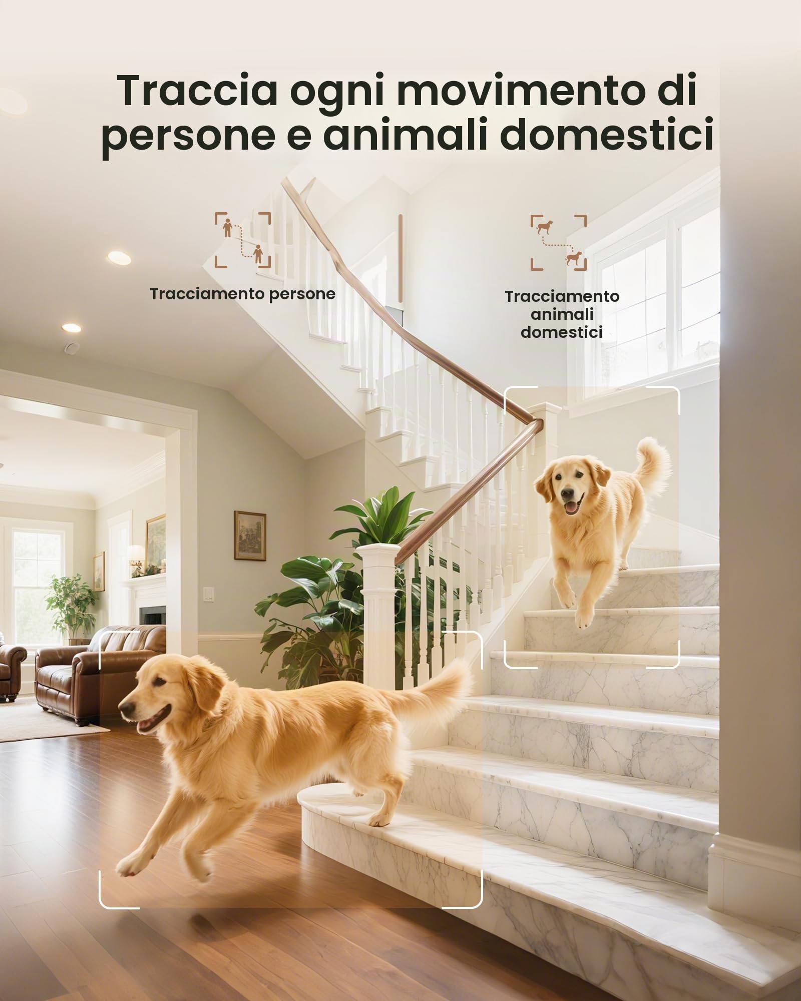 ZOSI 4K Telecamera di Sorveglianza WiFi per Interni con Scheda da 64 GB, WiFi 2,4/5 GHz, Visione a 360°, Rilevamento AI per Bambini/Animali Domestici, Audio Bidirezionale, Chiamata con un Tocco, C518 | Rilevamento e tracciamento di persone/animali domesti