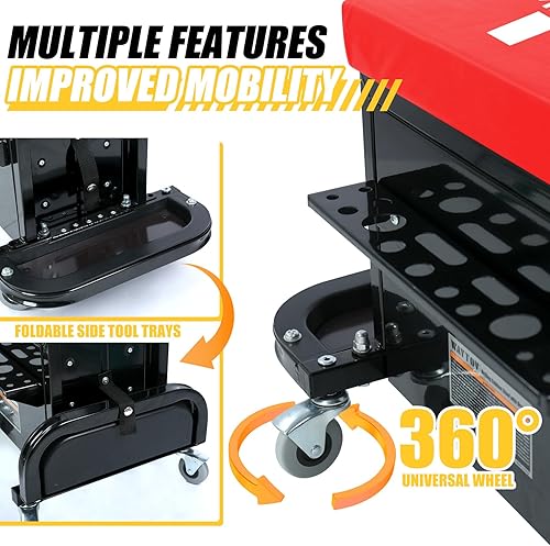Miniatura 13 de MaxWorks 50875 Mechanics - Asiento de rodillo, capacidad de 250 libras, taburete de taller acolchado con bandeja de herramientas de almacenamiento