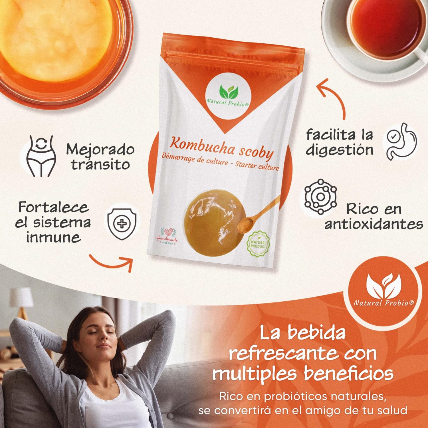Natural Probio Original Kombucha Scoby Kit de inicio cultivo auténtica cepa madre instrucciones receta consejos