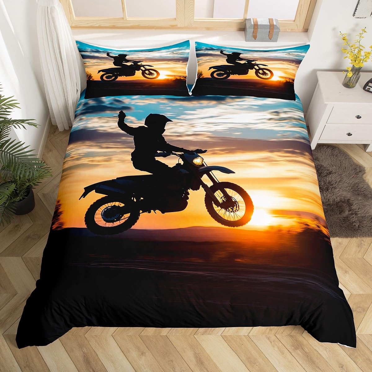 Homewish Dirt Bike Sunset Quilt Cover Cot Motocross Bedding Set,3D Off-Road Motorcycle Print Bed Cover,Extreme Sports Theme Bed Set For Boys Men With 1 Pillowcase