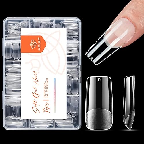 modelones Medium Square Nail Tips, Pre-shaped Soft Gel Tips Fake Nails False Acrylic Clear Full Cover Press on Extension Kit Gel Manicure DIY at Home 216PCS 12Sizes - A4-Medium Square