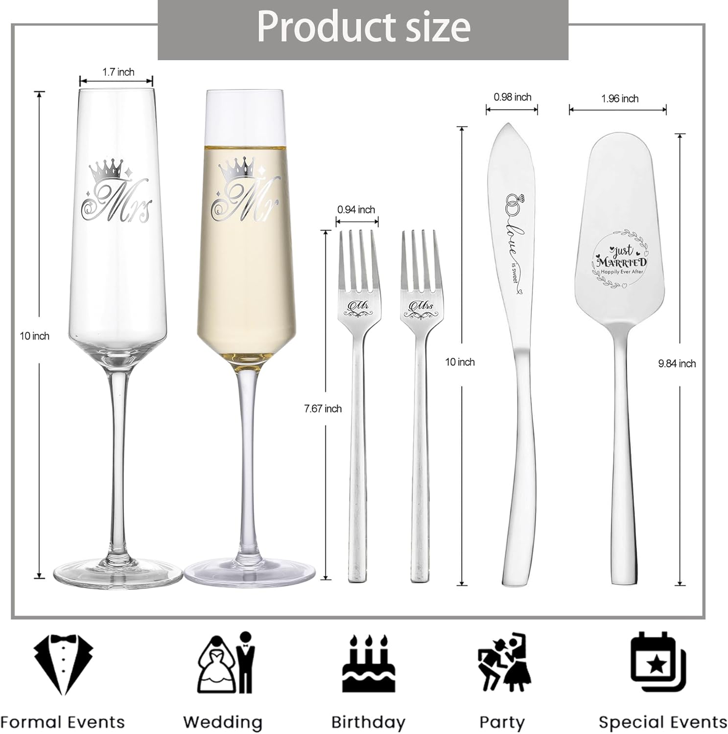 Wedding Cake Knife and Server Set, Bride Groom Mr and Mrs Champagne Flutes Glasses, Cake Cutting Set for Wedding with Forks, Bridal Shower Gifts Wedding Anniversary Engagement Gifts - Image 7