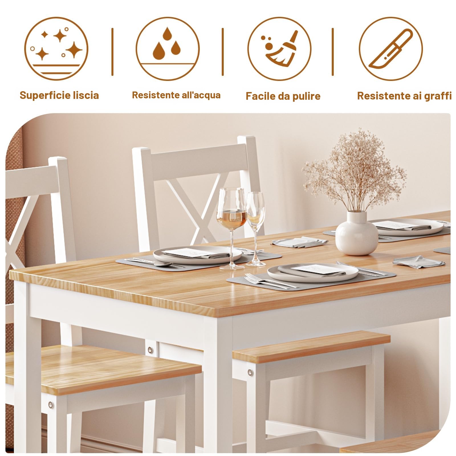 sogesfurniture Set da pranzo da 5 pezzi con tavolo da pranzo 108 x 65 x 73 cm e 4 sedie, tavolo rettangolare da cucina per soggiorno, sala da pranzo, bianco e teak, 10QDLC