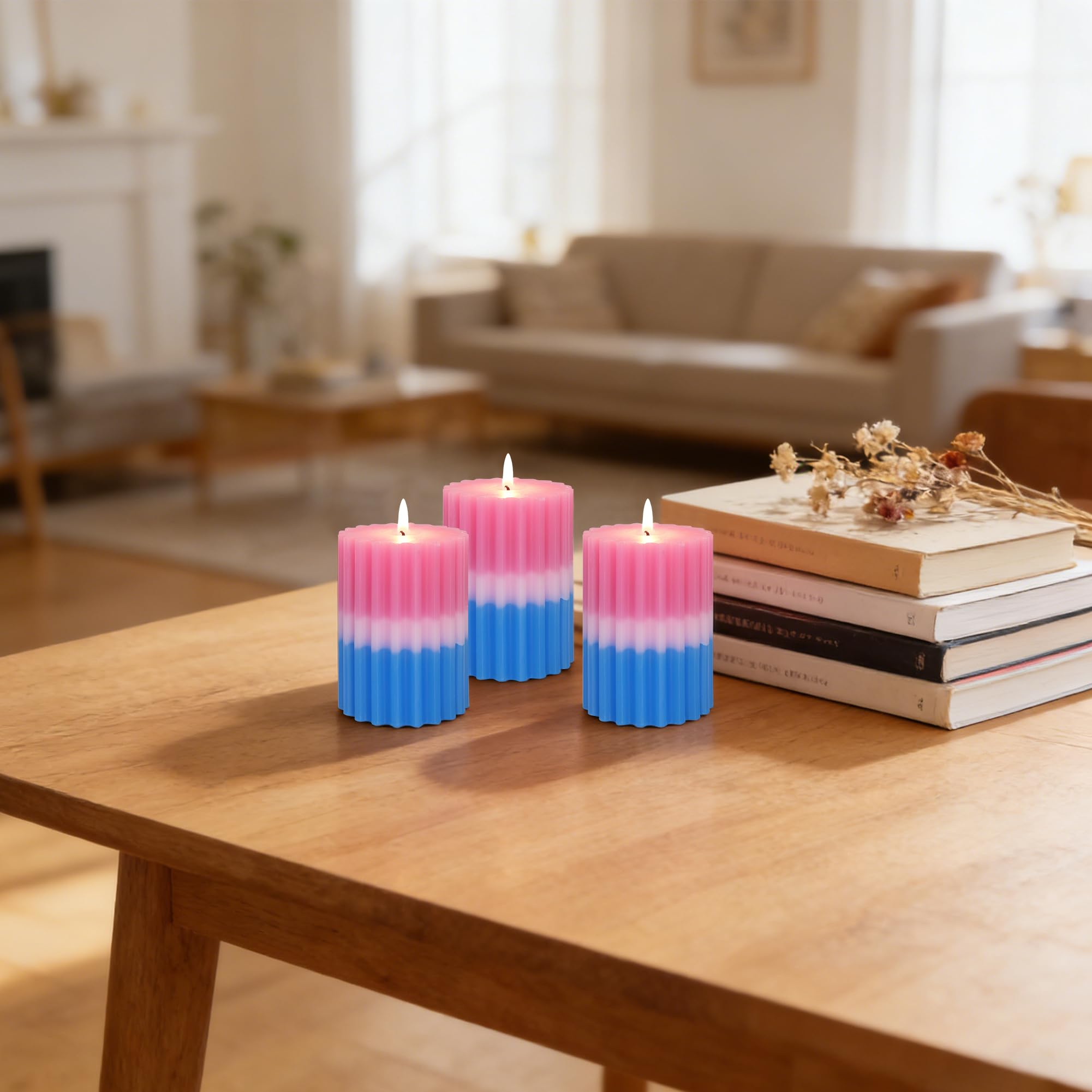 Chypre - Velas de pilar perfumadas florales afrutadas, acanaladas azul y rosa, 3 x 4 pulgadas, núcleo 100% algodón, velas de cera de parafina hechas a mano para baño, sala de estar, decoración