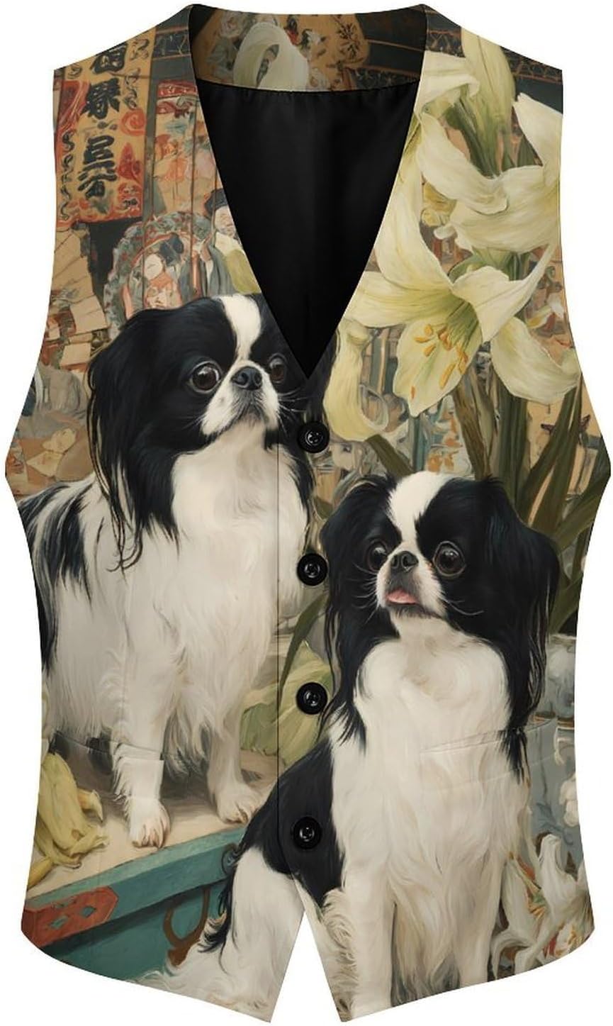 Japanese Chin Dog Men Formal Suit Vest V-Neck Button Waistcoat for Business Wedding