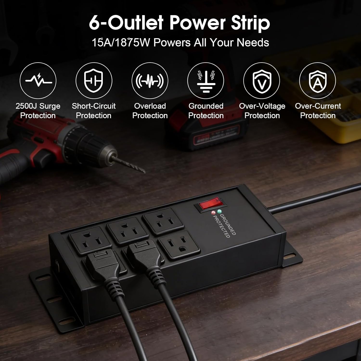 Heavy Duty Power Strip Surge Protector 2500J, 15A 1875W 6 Outlets Extension Cord 4FT 14AWG with Flat Plug, Metal Power Strip for Kitchen Appliances, Workshop, Garage & Office (Black, 4FT)