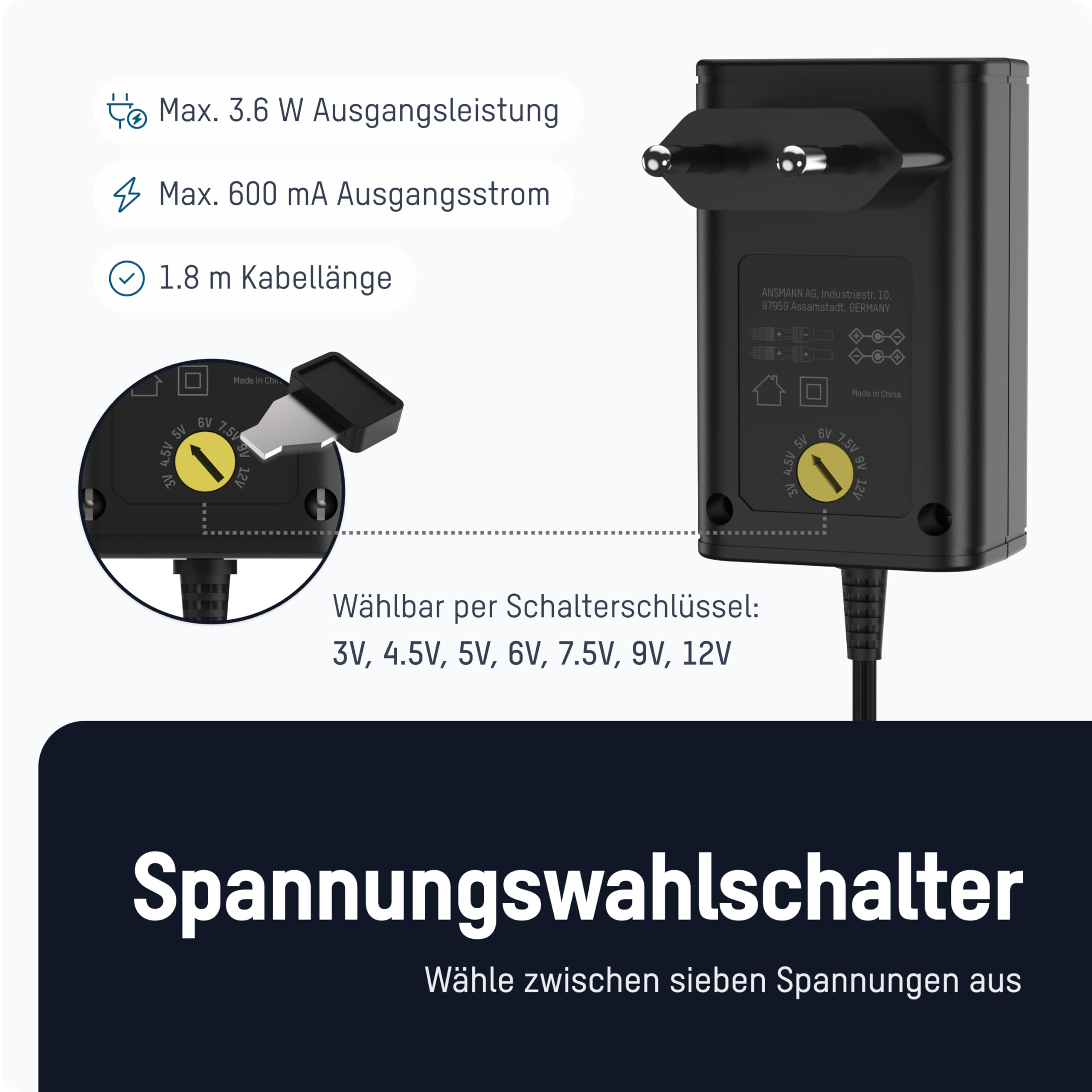 ANSMANN APS 1000 Alimentatore 12 V – Spina di alimentazione fino a max. 1000 mA (con 7 adattatori universali) Adattatore di alimentazione per l'alimentazione di molti piccoli dispositivi elettrici