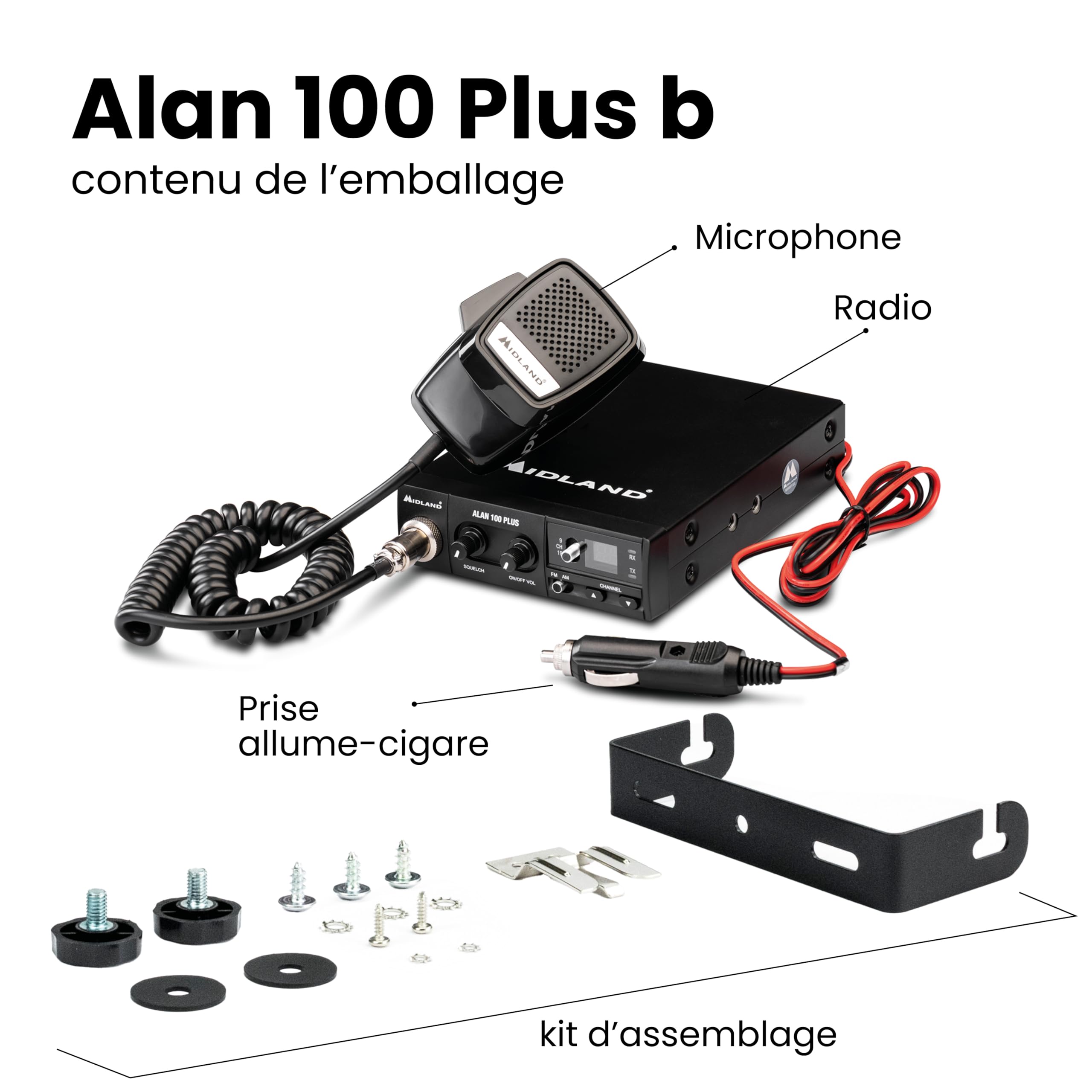 Midland 100Plus B - Radio CB 40 Canaux AM/FM, Display avec Boutons Up-Down, Signalisation Lumineuse, Installation DIN, Micro Microphone 4 PIN, Support et Vis