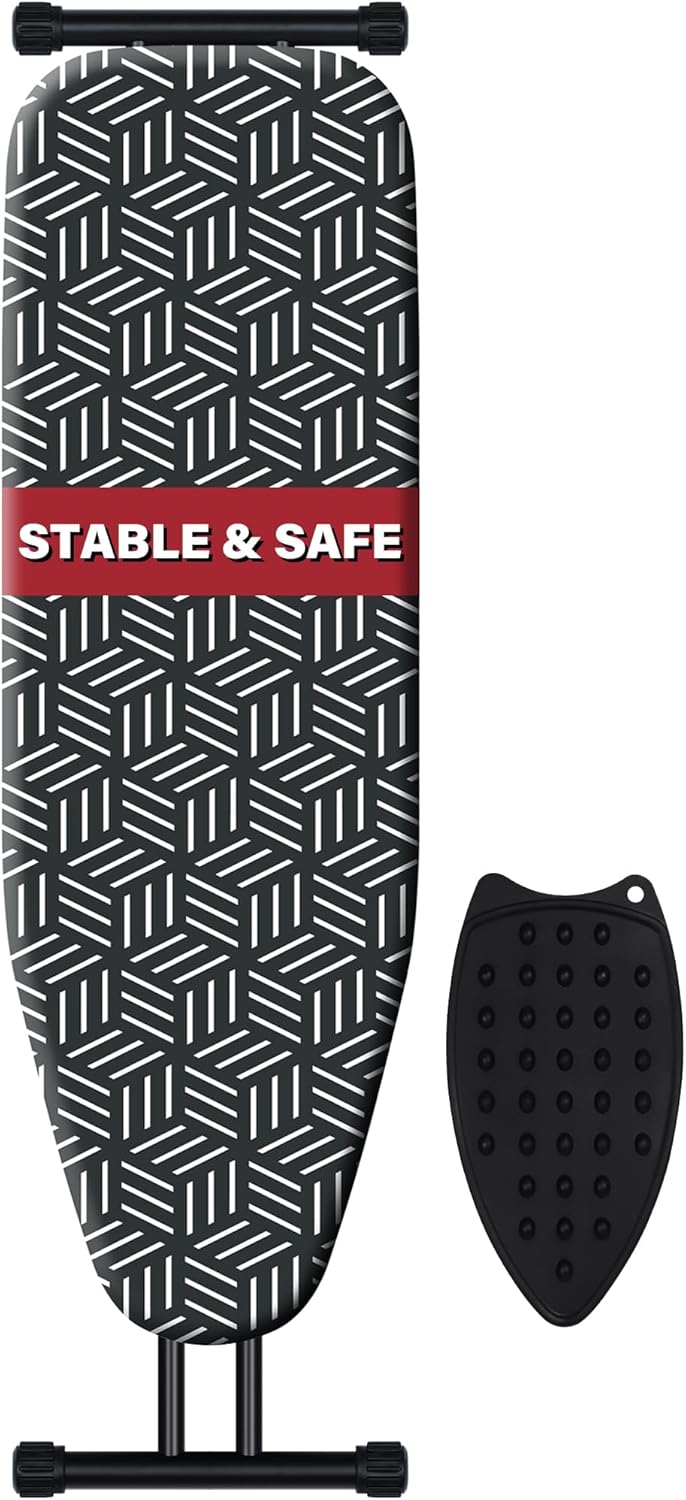 caius Ironing Board with Extra Thick Heavy Duty Padded Cover, Full Size Iron Board, Full Metal Construction, Easy to Fold, Adjustable Height (43x13in Black)