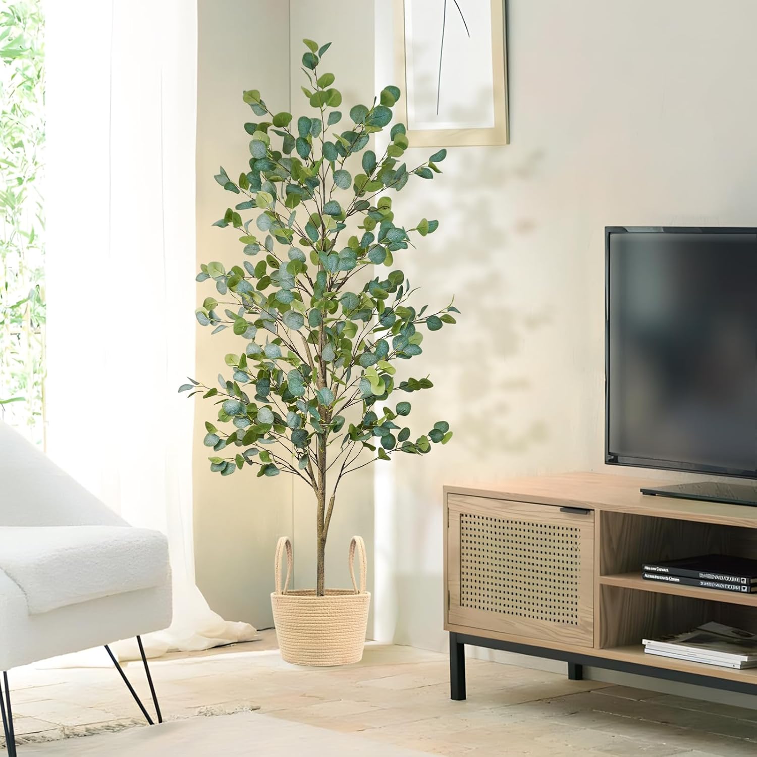 Faux Eucalyptus Tree 6FT, Artificial Potted Tree for Indoor Outdoor, Fake Floor Plants with Natural Wood Trunk, Home Office Living Room Bedroom Decor - Image 3