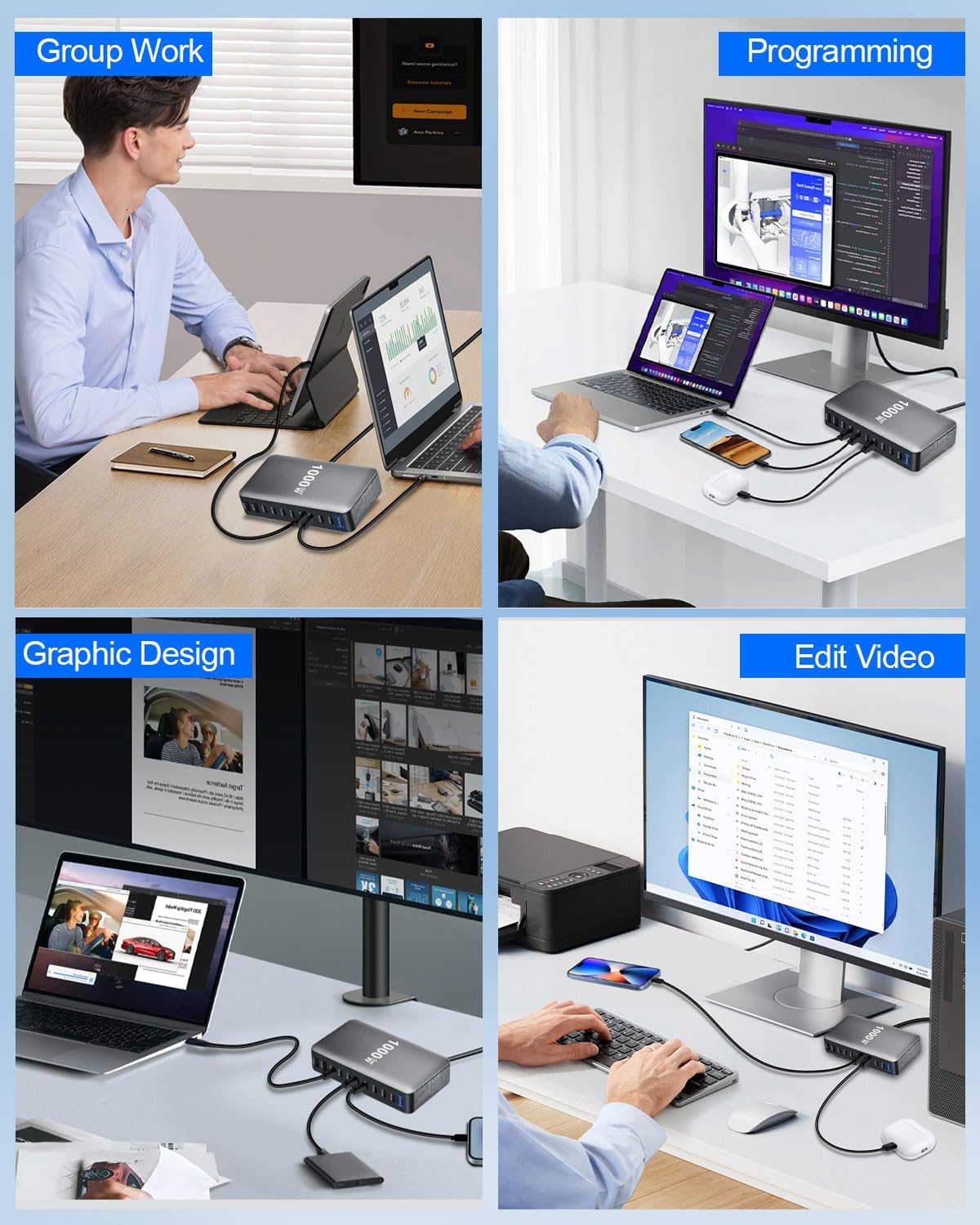 Caricatore USB C multiplo, 1000 W, 10 porte, GaN III, stazione di ricarica rapida con 8 USB-C e 2 USB-A, caricabatterie PD PPS 100 W, adattatore per laptop per Mac Book Pro/Air/iPad Pro
