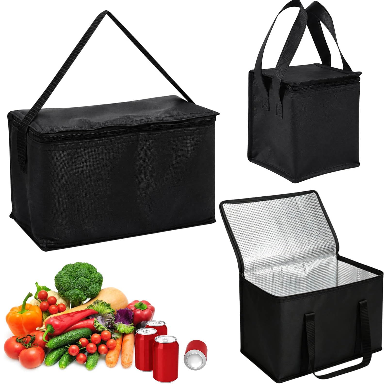 SurPse 3-Piece Cooler Bag Set, Foldable Insulated Bag for Food Delivery, Freezer Bags for Shopping, Black Thermal Bags in Large Medium Small Sizes for Picnic, Travel and Daily Lunch
